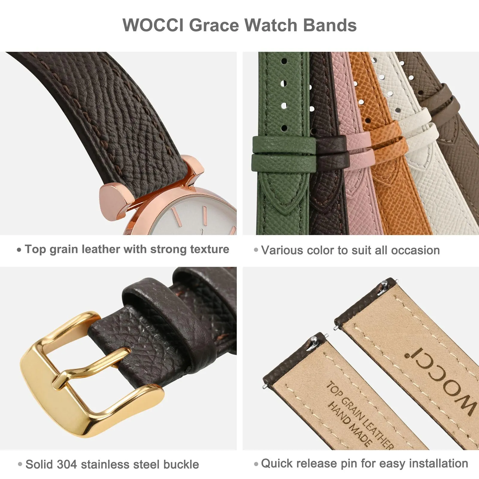 WOCCI Grace Cinturino per Orologio da Donna 20mm in Pelle Marrone Scuro con Fibbia Oro - immagine 4