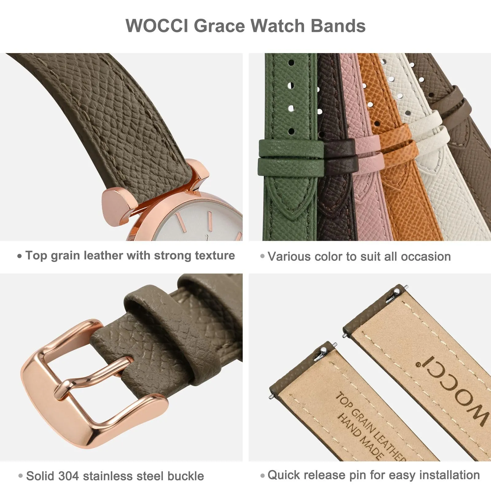 WOCCI Grace Cinturino per Orologio da Donna, 16mm, Pelle Grana Superiore, Sgancio Rapido, Fibbia Oro Rosa, Elefante Grigio - immagine 4