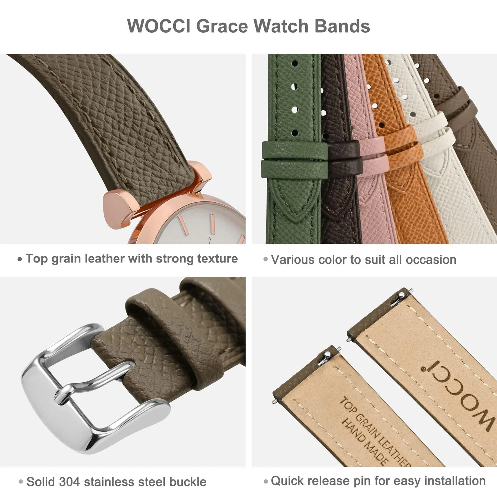 WOCCI Grace Cinturino per Orologio da Donna 20mm, Pelle Grana Superiore, Sgancio Rapido, Fibbia Argento, Elefante Grigio - immagine 4