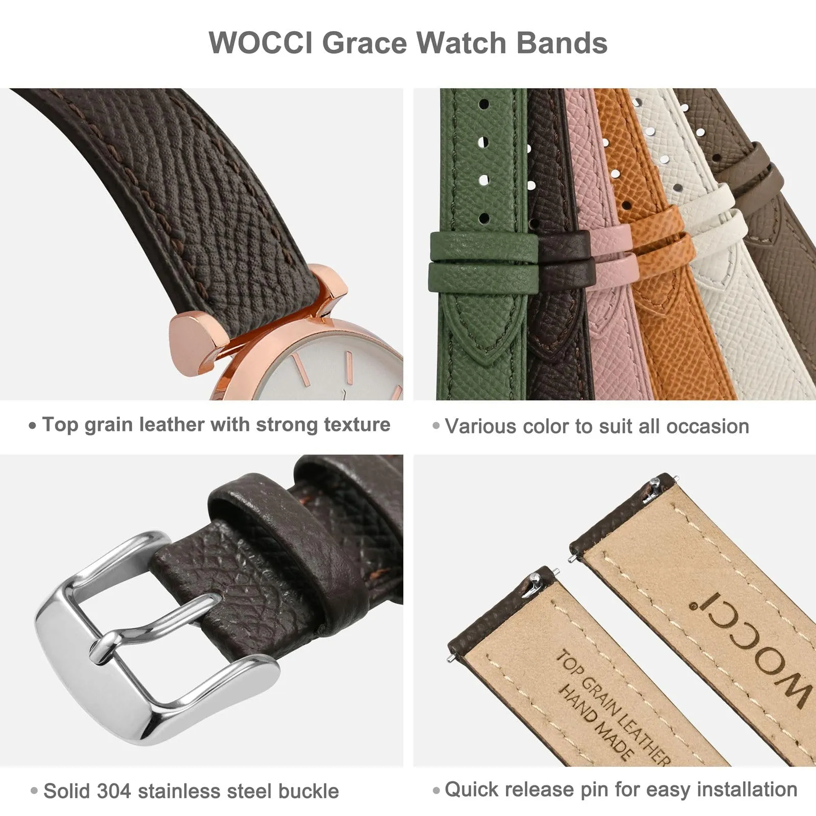 WOCCI Grace Cinturino per Orologio da Donna 22mm, Pelle Grana Superiore, Sgancio Rapido, Fibbia Argento, Marrone Scuro - immagine 4