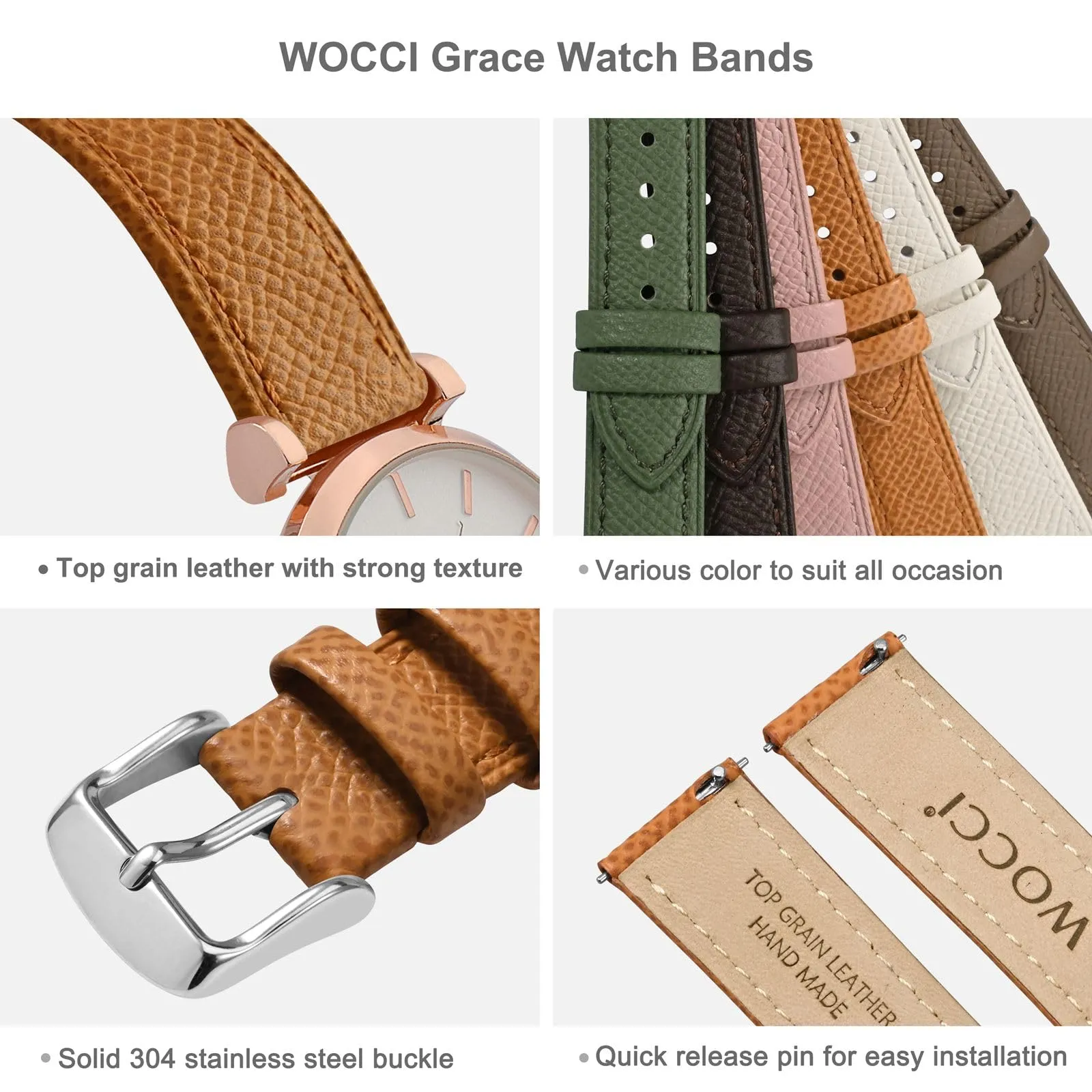 WOCCI Grace Cinturino per Orologio da Donna 12mm in Pelle Grana Superiore con Sgancio Rapido e Fibbia Argento (Albicocca Tan) - immagine 4