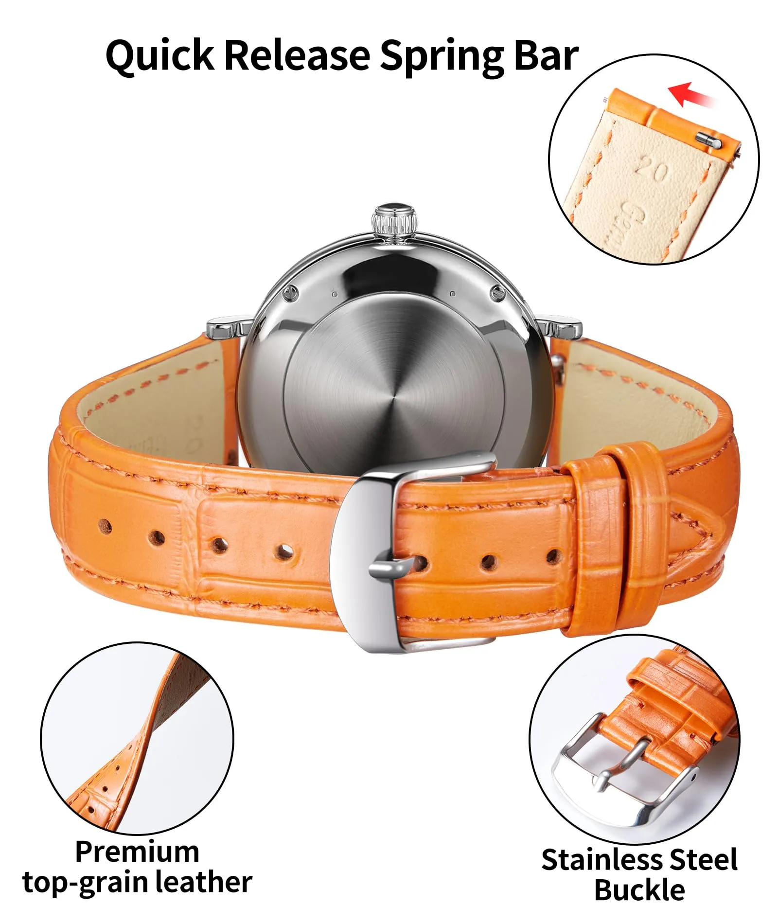 BINLUN Cinturino per Orologio in Pelle Sgancio Rapido 21mm - Arancio - immagine 3