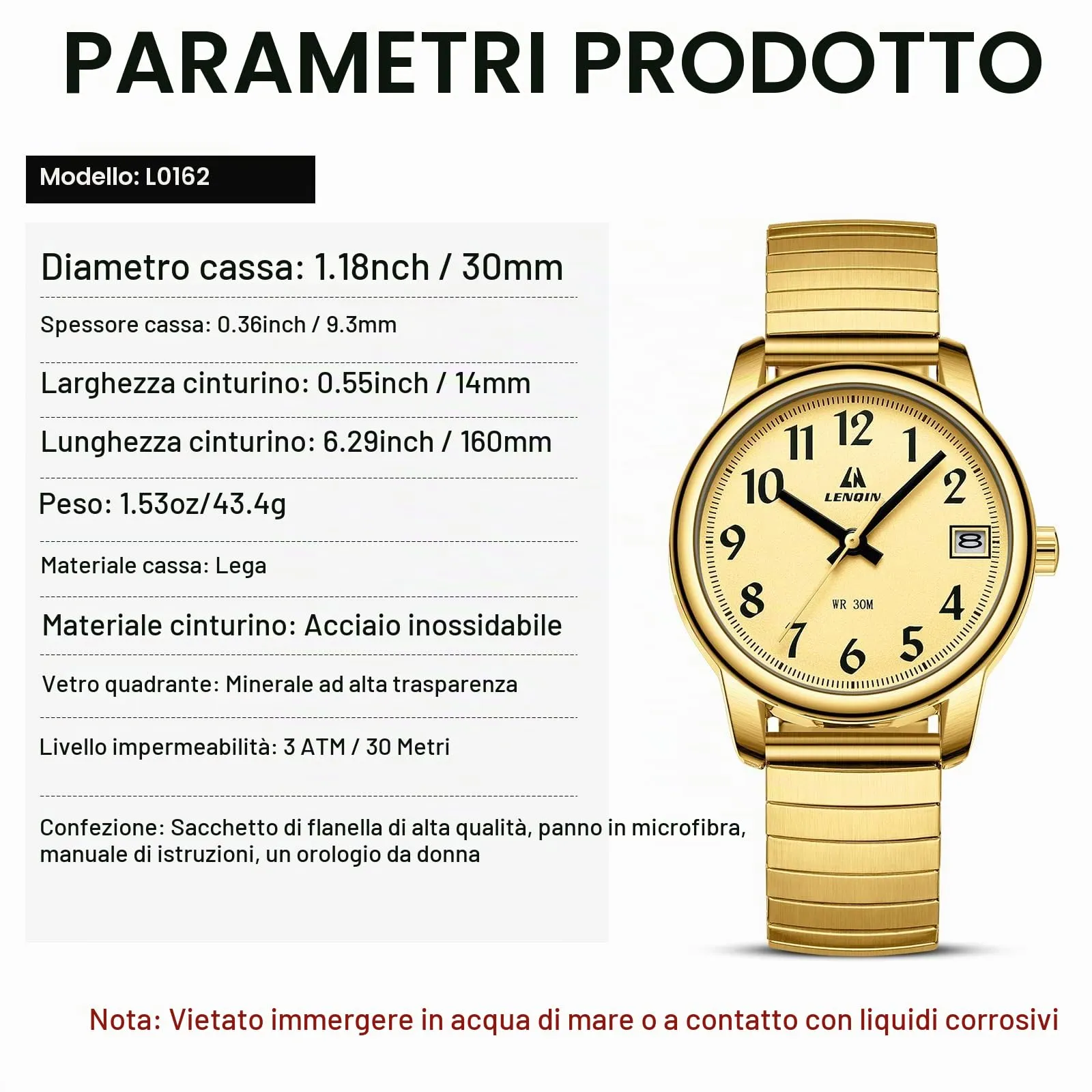 LN LENQIN Orologio Donna in Acciaio Inossidabile Analogico Quarzo 3ATM L0162 - immagine 7