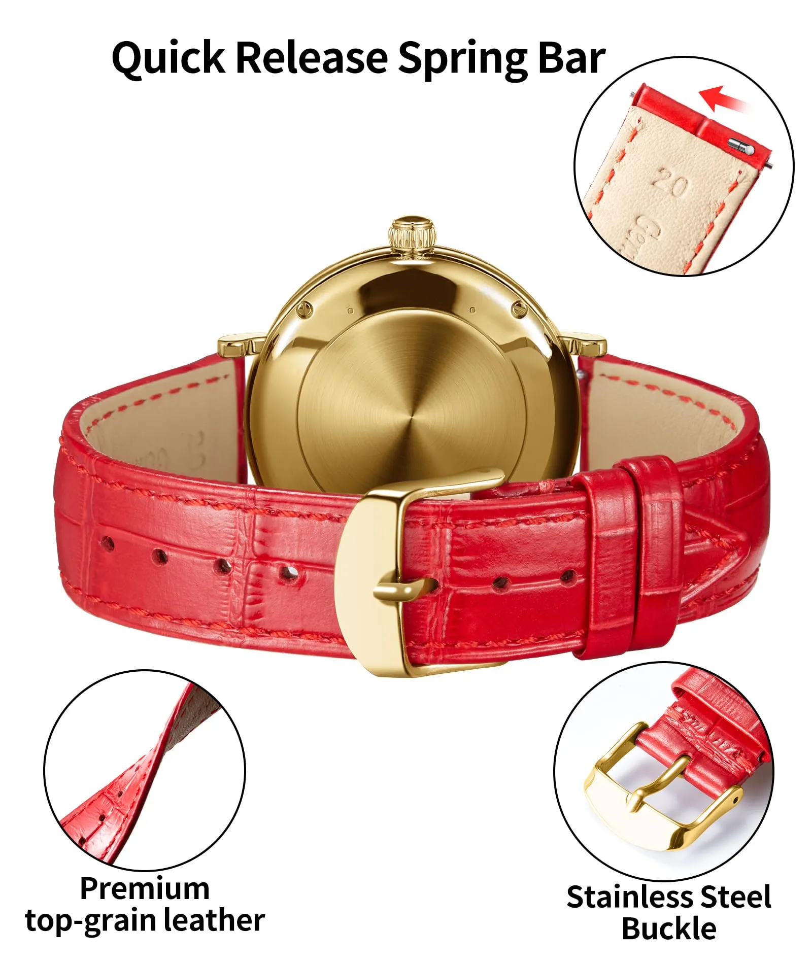 BINLUN Cinturino per Orologio in Pelle Sgancio Rapido 23mm Rosso - immagine 3