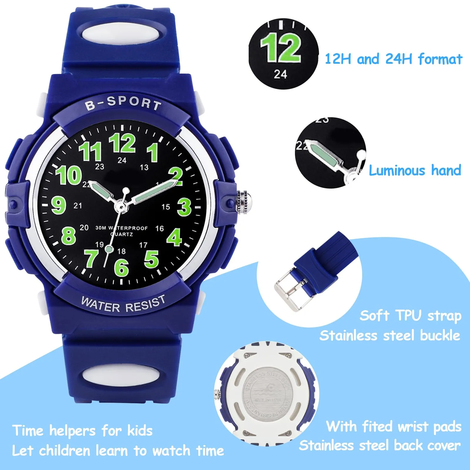 GUUMUXIN Orologio Analogico per Bambini, Cronografo Sportivo, Resistenza all'Acqua 30m, Cinturino TPU Morbido, Blu Indaco - immagine 2