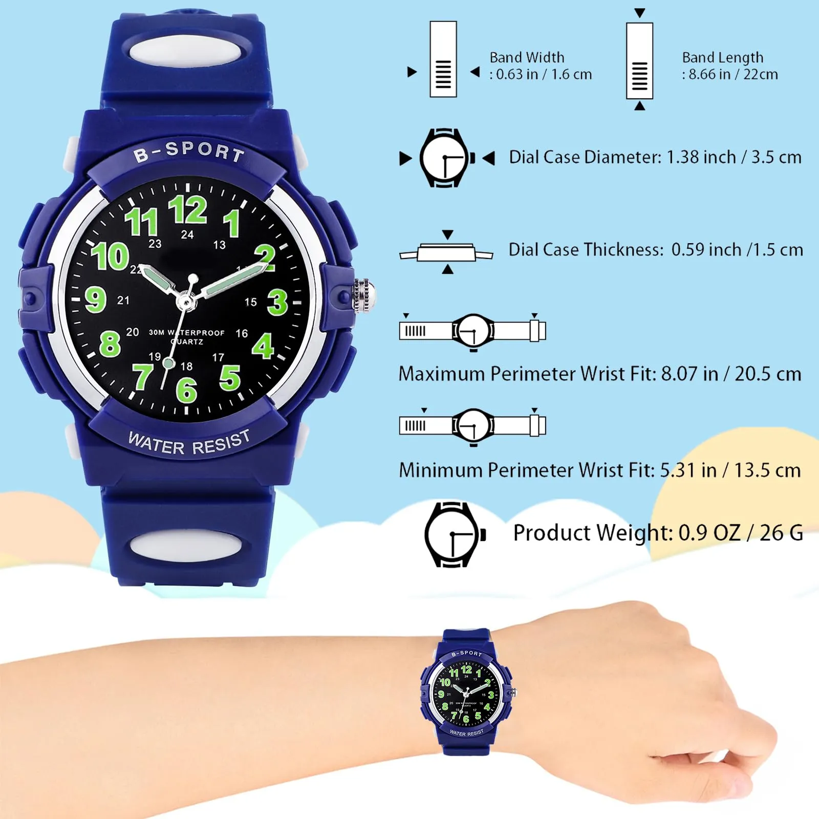 GUUMUXIN Orologio Analogico per Bambini, Cronografo Sportivo, Resistenza all'Acqua 30m, Cinturino TPU Morbido, Blu Indaco - immagine 3