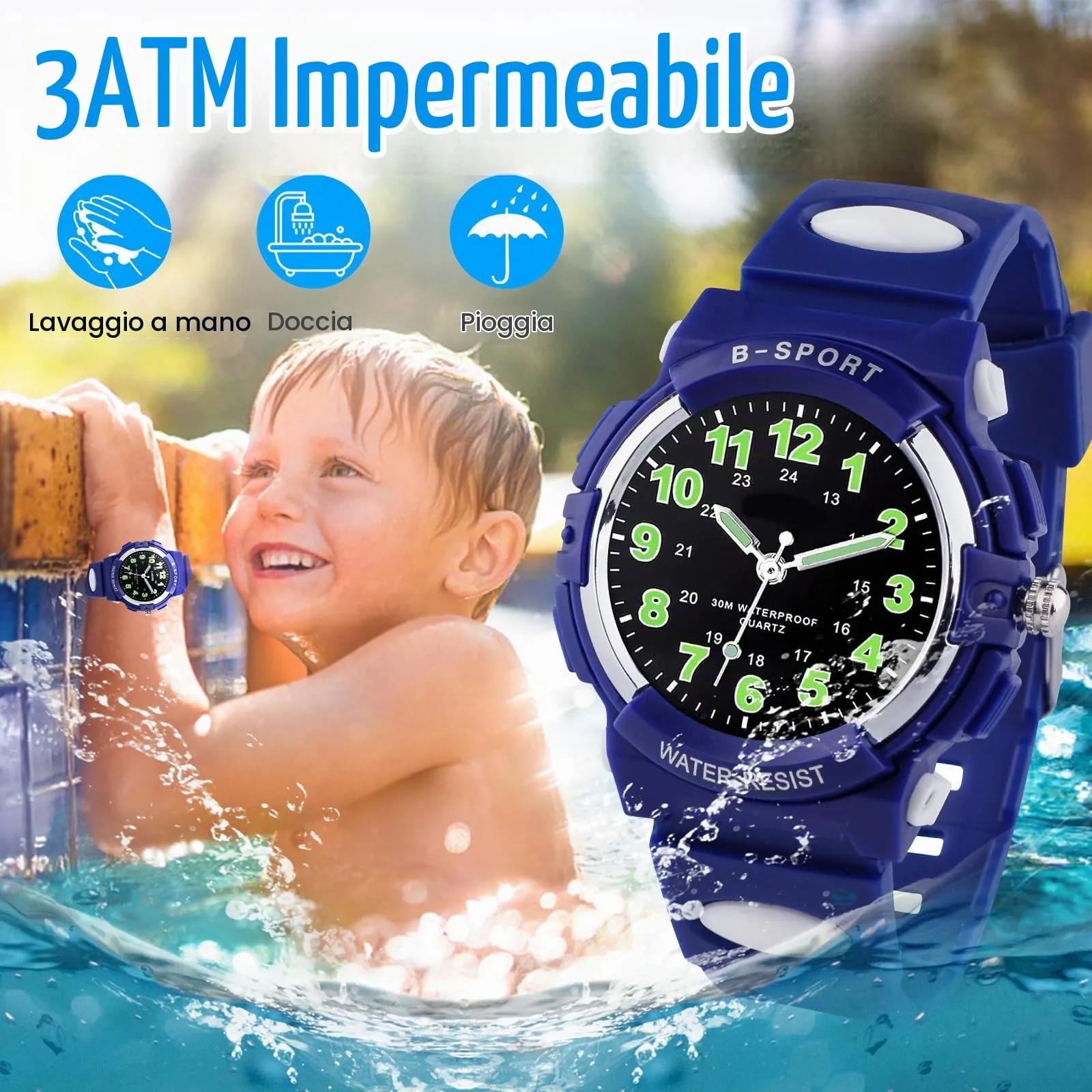GUUMUXIN Orologio Analogico per Bambini, Cronografo Sportivo, Resistenza all'Acqua 30m, Cinturino TPU Morbido, Blu Indaco - immagine 4