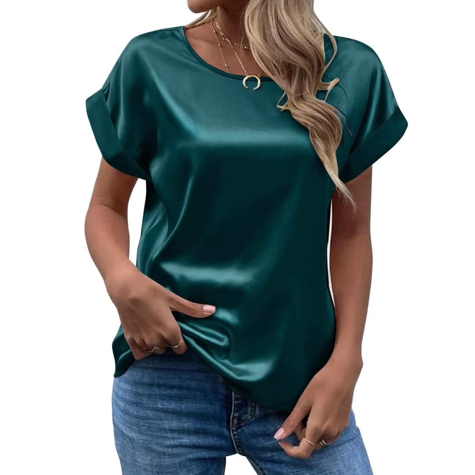 Uwdiohq Donna Bluse Eleganti Camicetta in Raso Maniche Corte e Lunghe - immagine 4