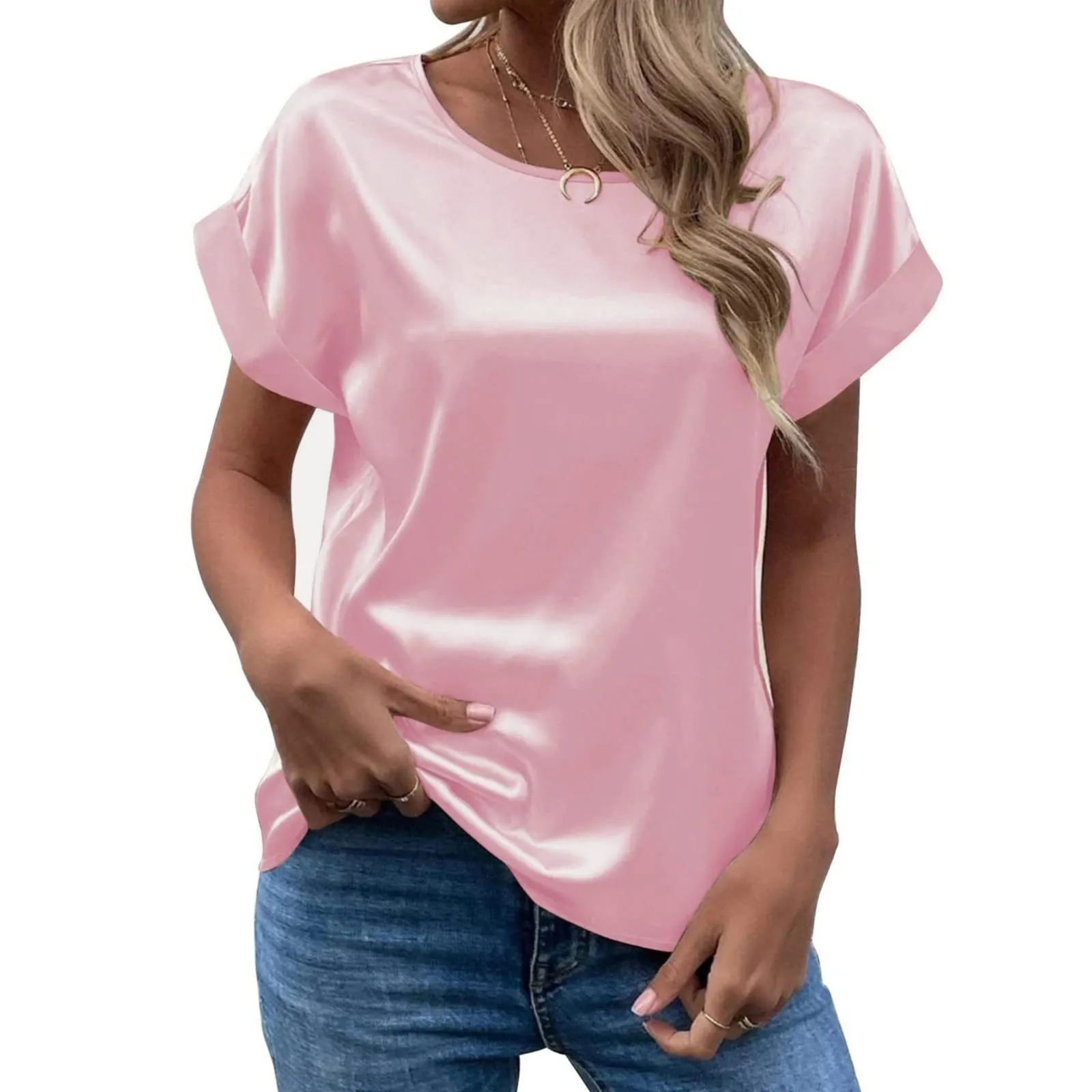Uwdiohq Bluse Donna Eleganti Camicia Viscosa Maniche Corte Top Blu Smanicata Glitter - immagine 4