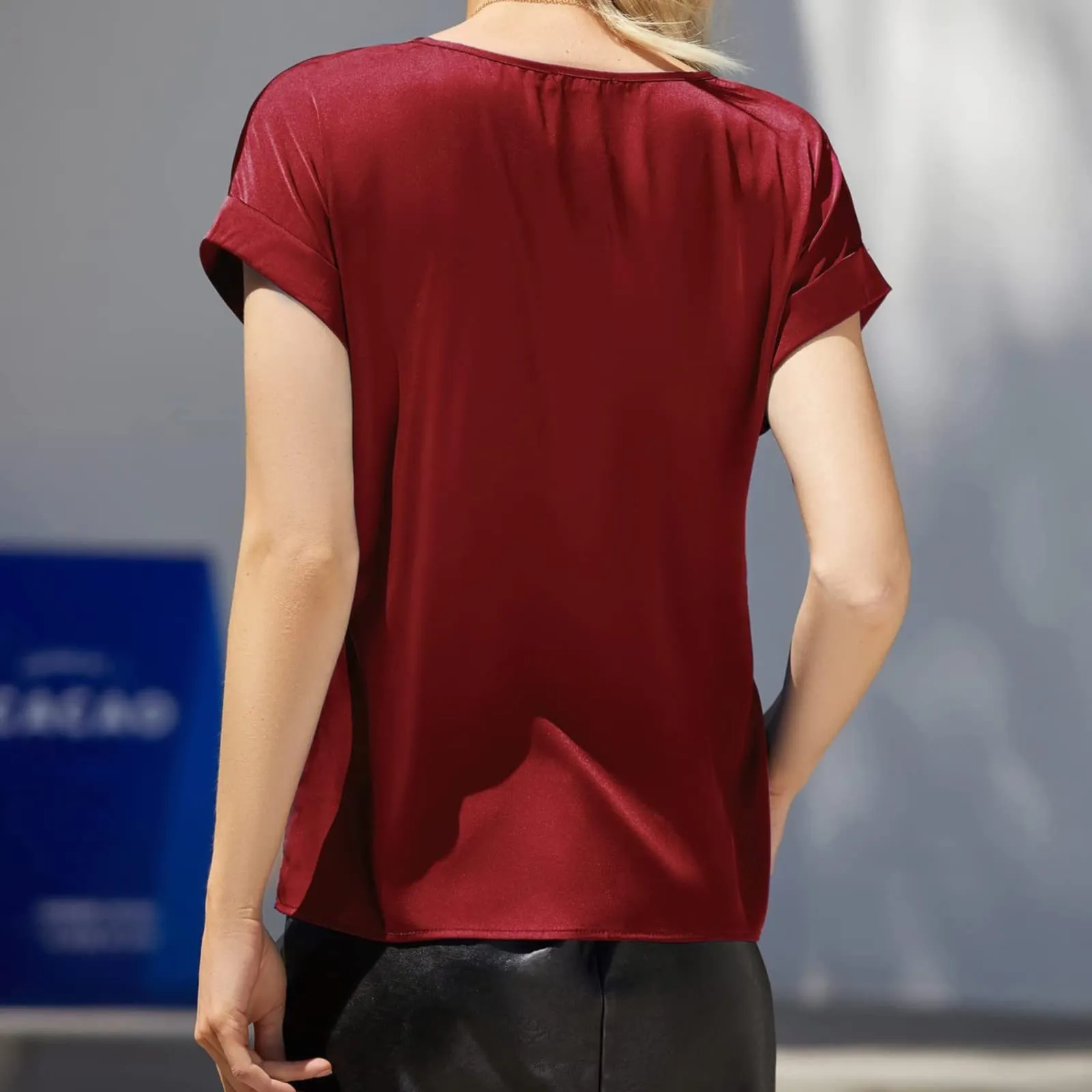 Uwdiohq Blusa Donna Primavera Maglia Maniche Corte Scollo V in Cotone Beige/Azzurra - immagine 3