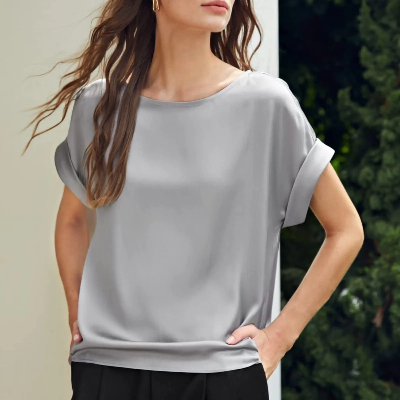 Uwdiohq Blusa Donna Estiva Maglia Lunga Manica Corta Top Pizzo Elegante Camicia Zebrata Grey XXL - immagine 2
