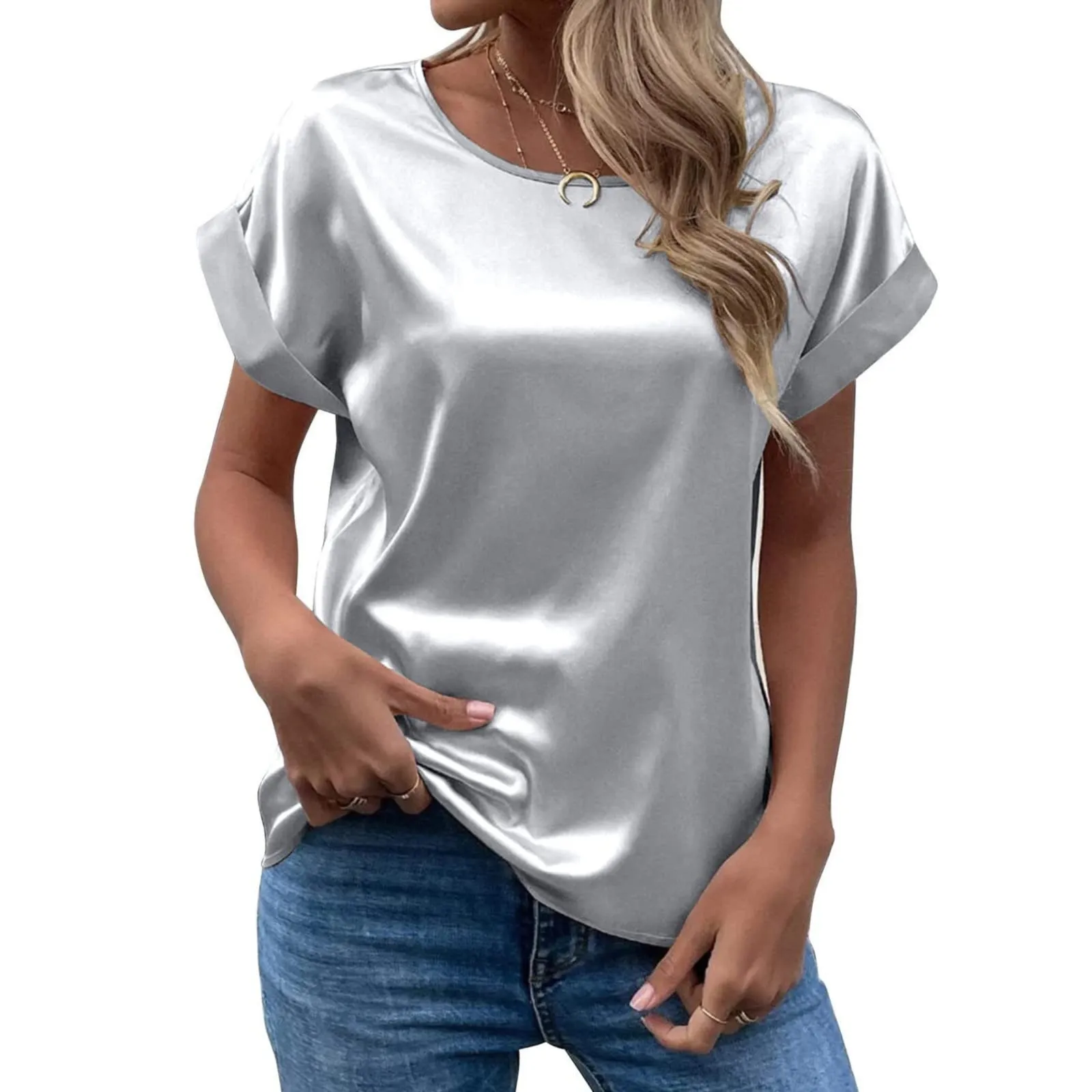 Uwdiohq Blusa Donna Estiva Maglia Lunga Manica Corta Top Pizzo Elegante Camicia Zebrata Grey XXL - immagine 5