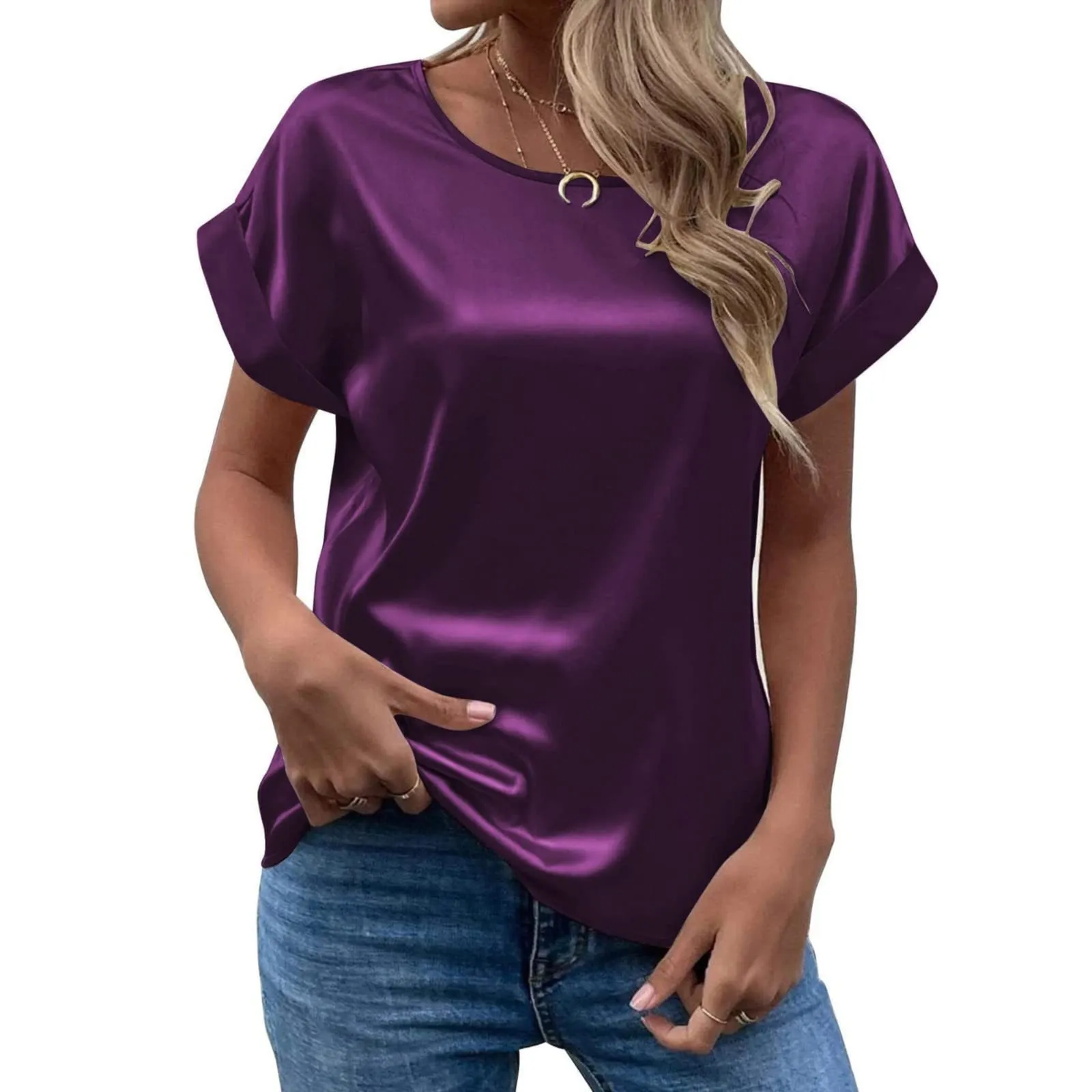 Uwdiohq Bluse Donna Eleganti Magliette Manica Corta Top Raso - immagine 4