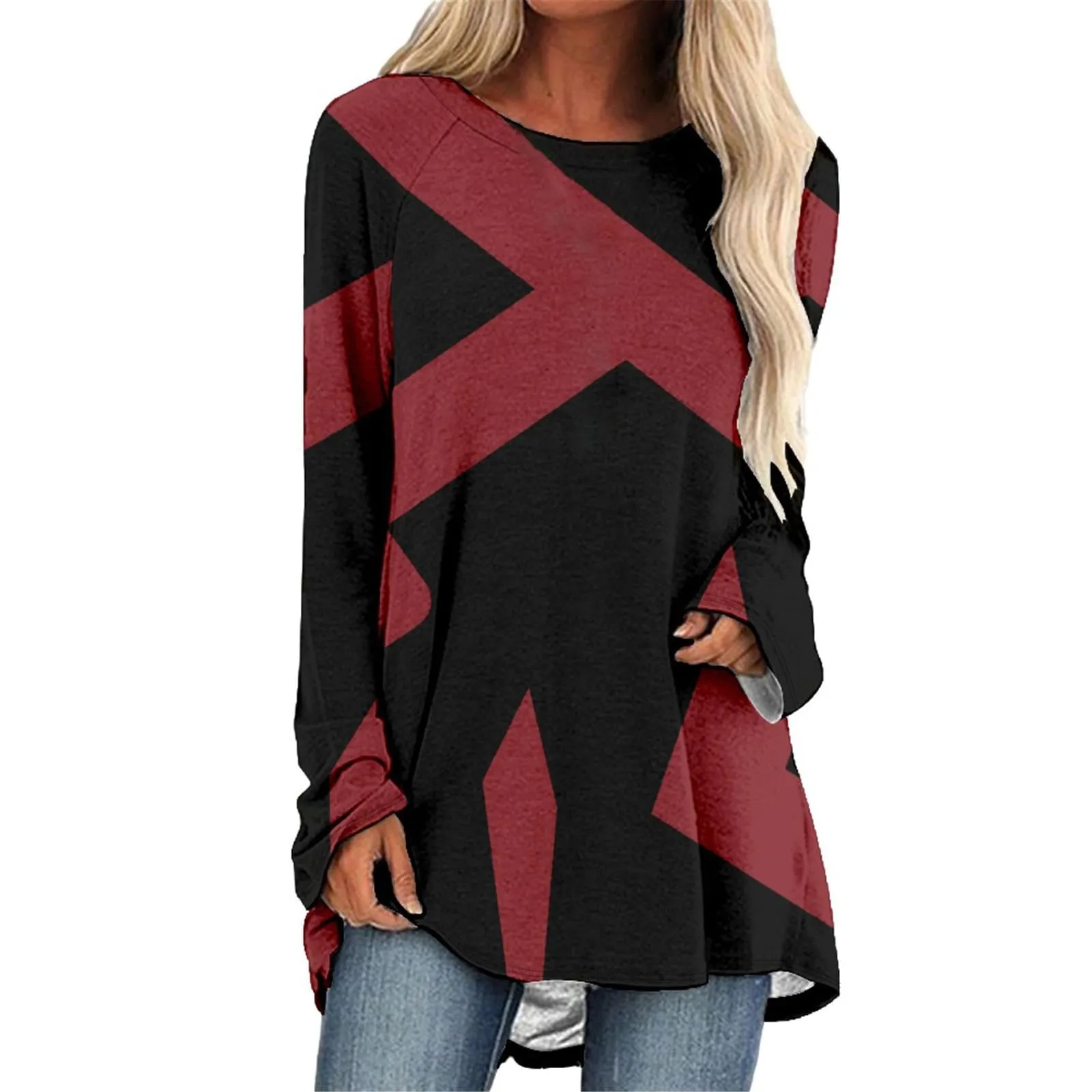 Uwdiohq Camicette da Donna in Cotone a Maniche Lunghe con Tasche, Taglie Forti, Rossa - immagine 1