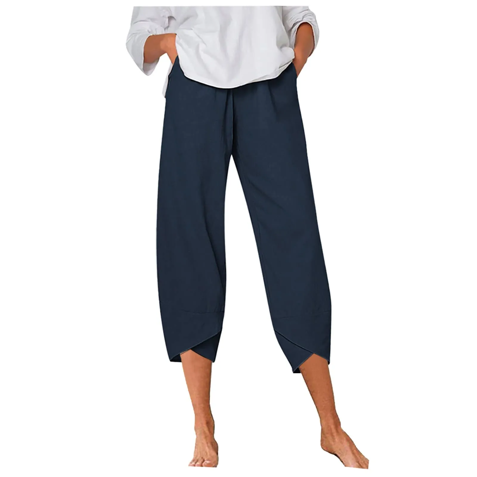 HEONSATI Pantaloni a Tre Quarti Donna in Cotone e Lino Estivi Casual Cropped a Gamba Larga con Coulisse Regolabile - immagine 1
