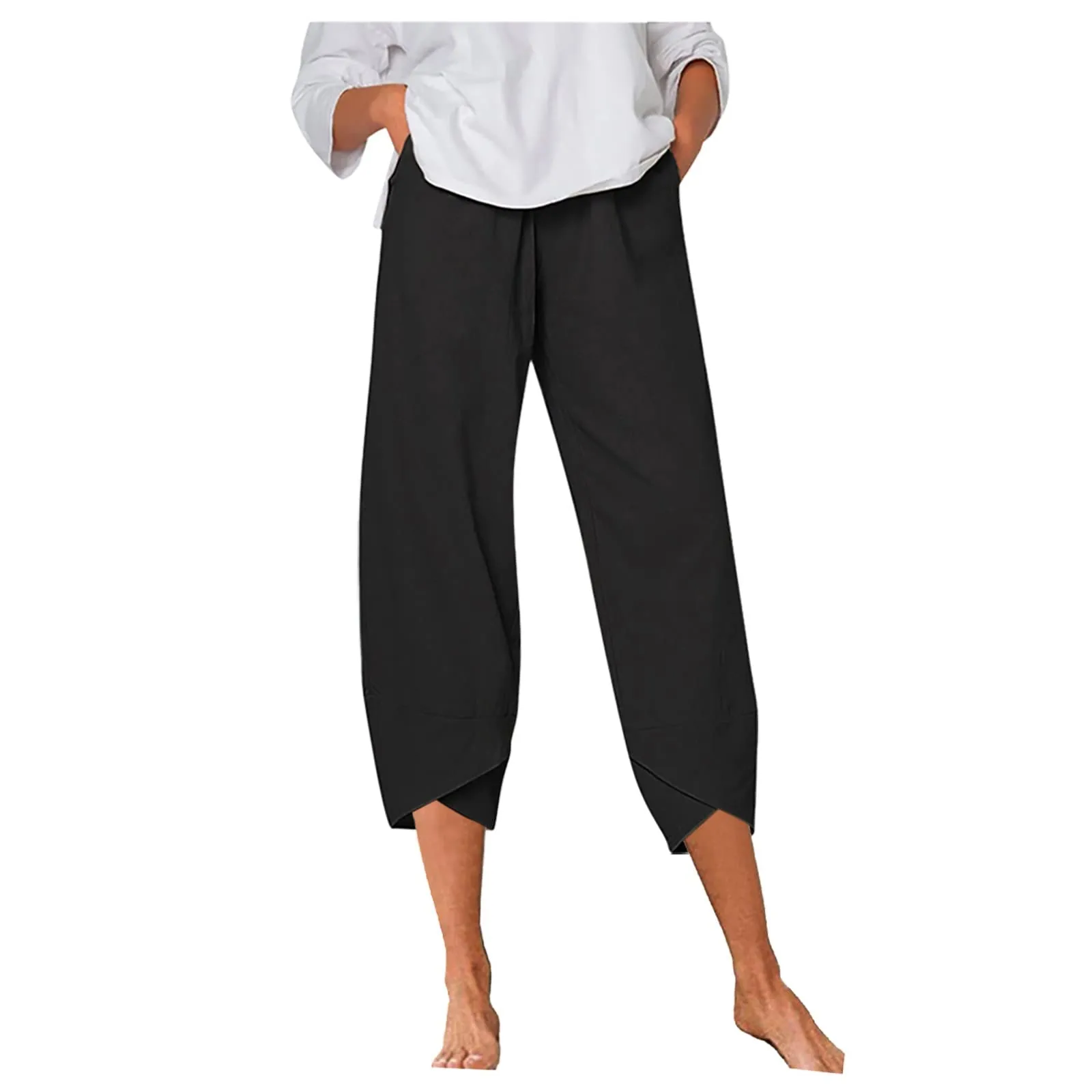HEONSATI Pantaloni a Tre Quarti Donna in Cotone e Lino Estivi Casual Cropped a Gamba Larga con Coulisse Regolabile - immagine 1