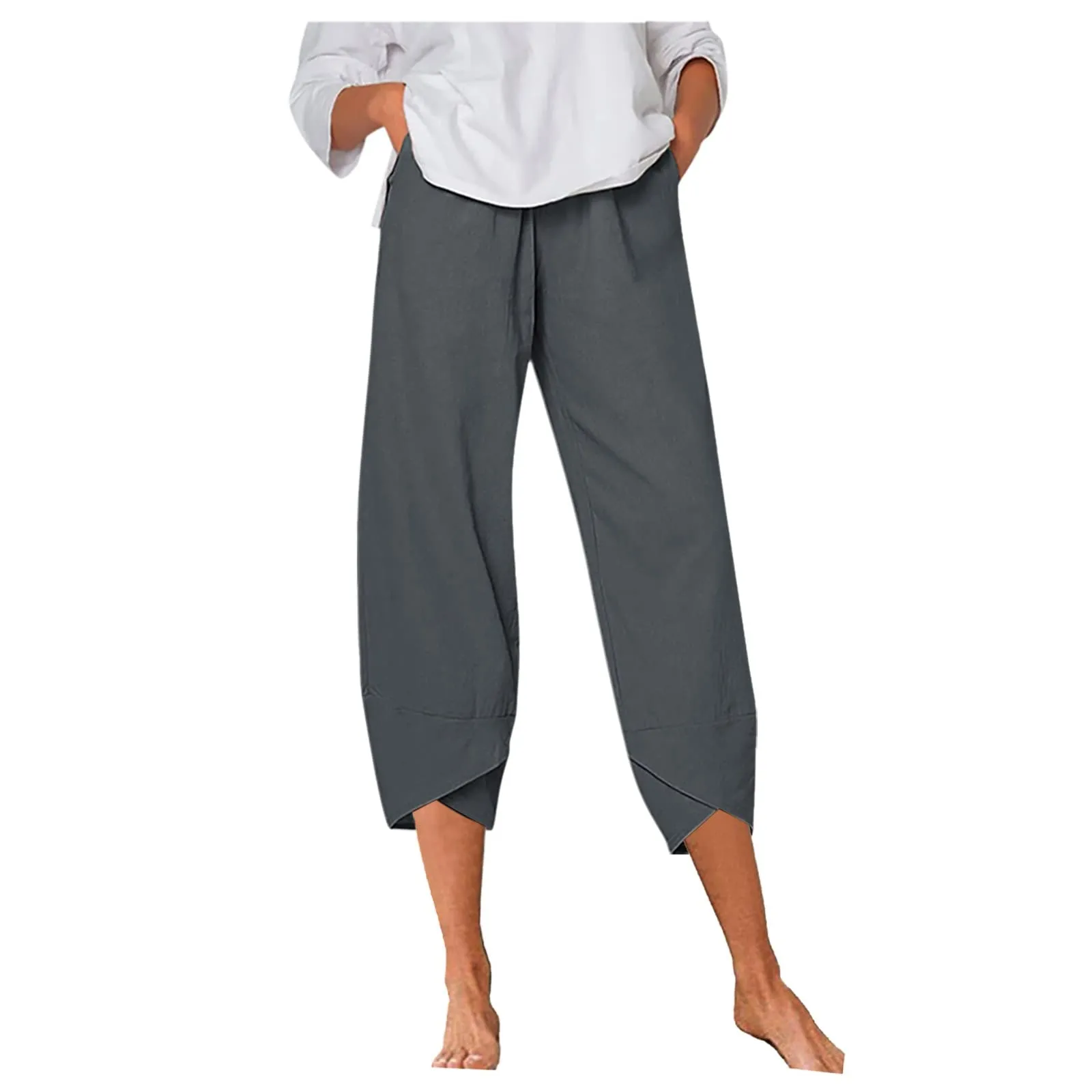 HEONSATI Pantaloni a Tre Quarti Donna in Cotone e Lino Estivi Casual Cropped a Gamba Larga con Coulisse Regolabile - immagine 1