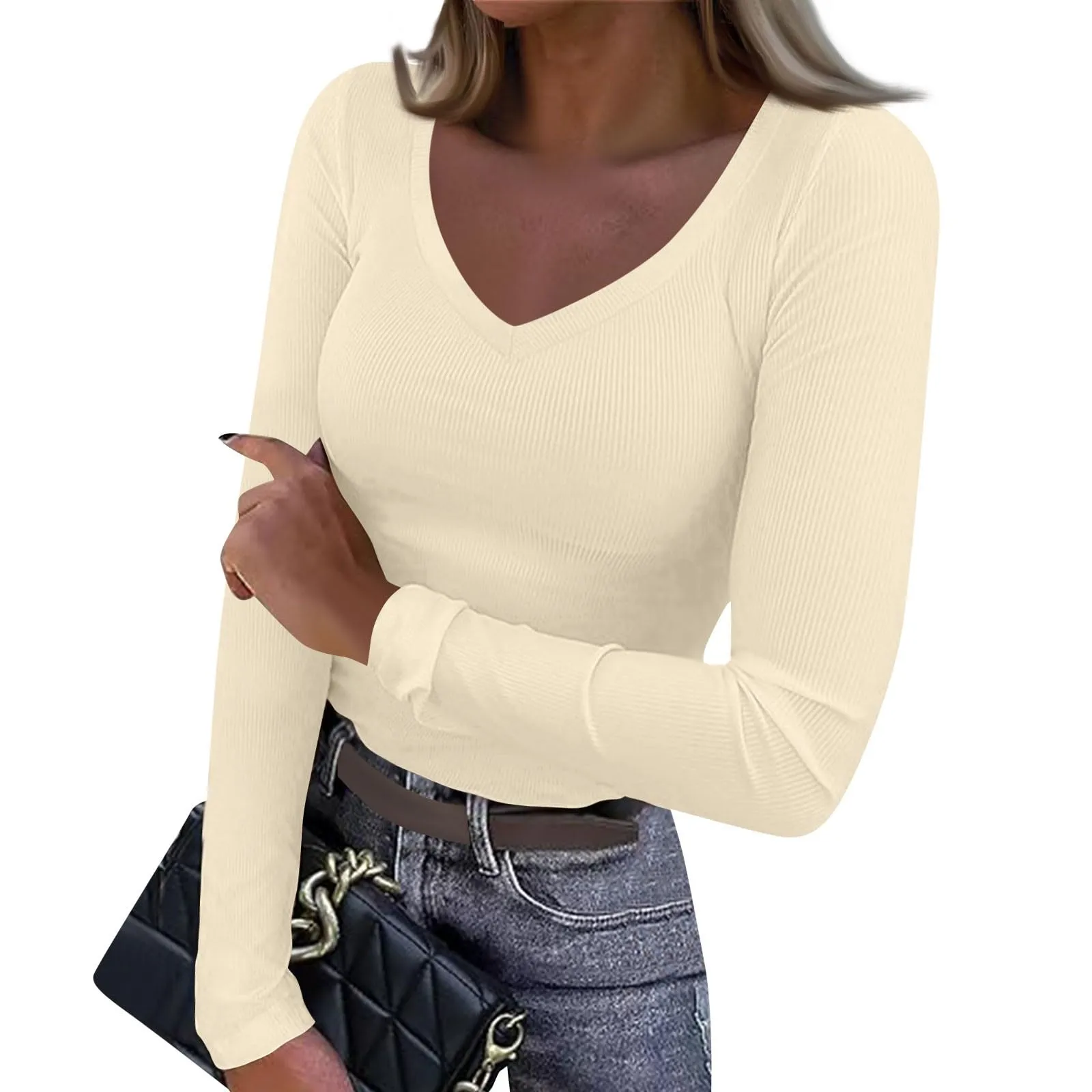 MOKBAY Maglietta Maniche Lunghe Donna Slim Fit Tinta Unita Cotone Arancione XL - immagine 1