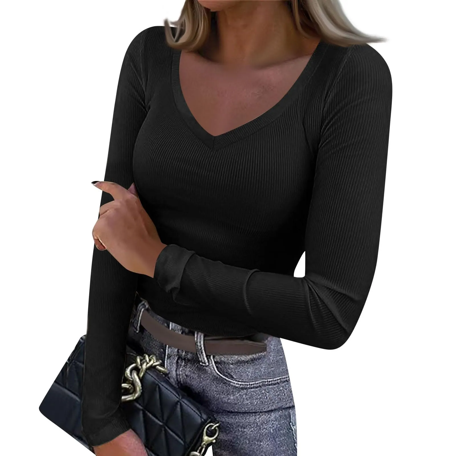 MOKBAY Maglia Donna Manica Lunga Slim Fit Tinta Unita Nero 3XL - immagine 4