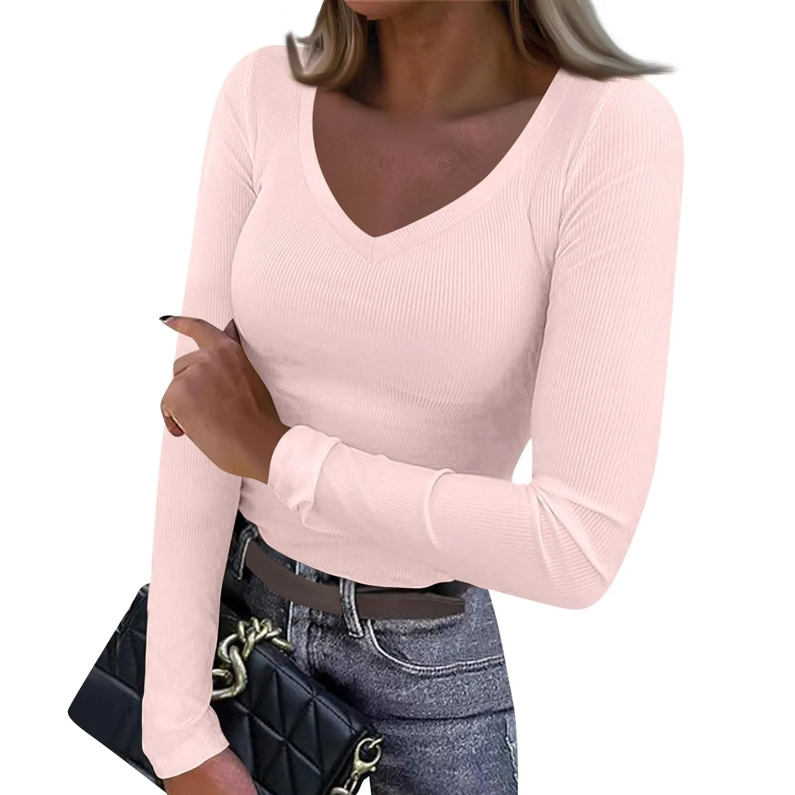 MOKBAY Maglie Donna Invernali Slim Fit Manica Lunga Scollo a V Tinta Unita Nero XXL - immagine 4