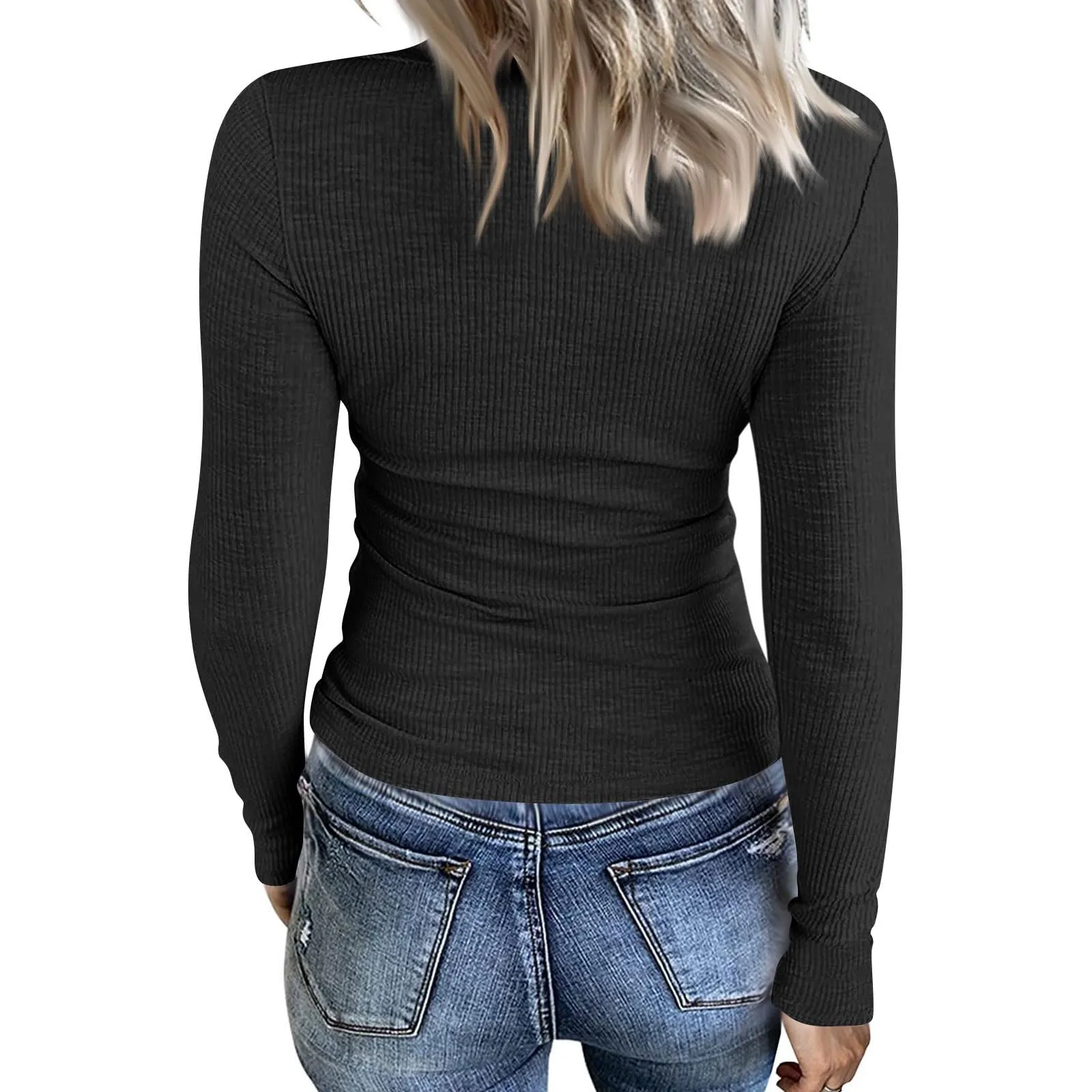 MOKBAY Maglia Donna Scollo a V Manica Lunga Slim Fit Tinta Unita, L - immagine 2