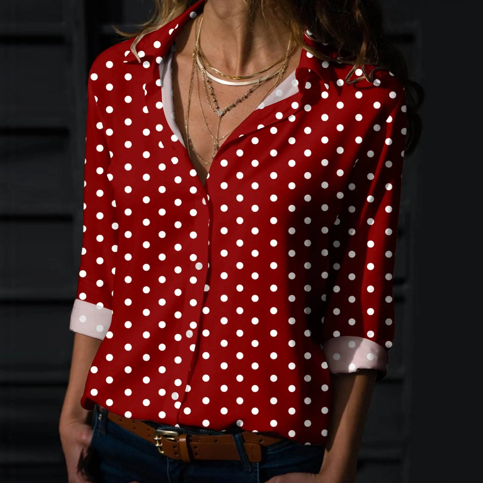 Generisch Maglia Donna a Pois Scollo a V Maniche 3/4 con Bottoni, Rosso, XXL - immagine 2