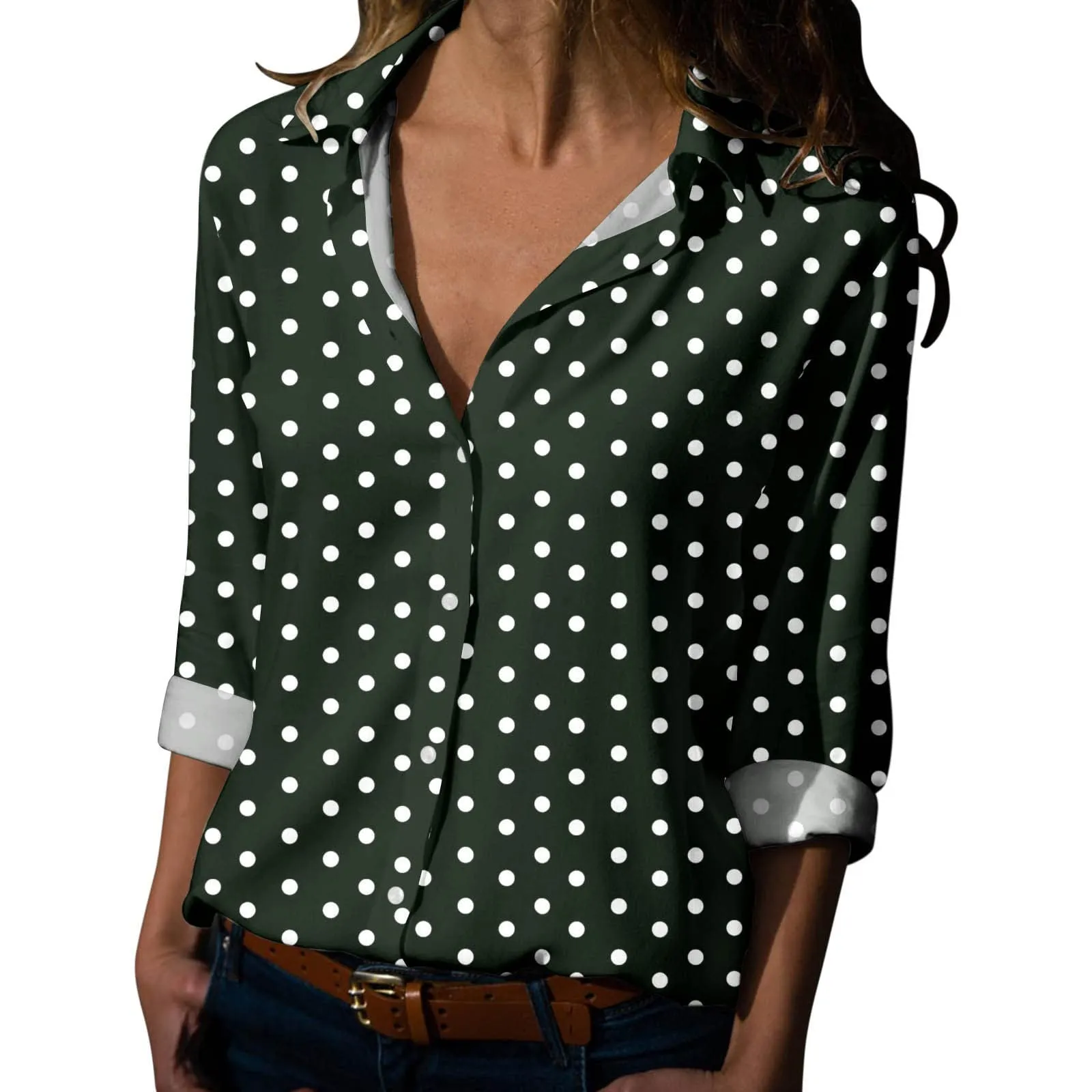 Generisch Maglia Donna a Pois Scollo a V Maniche 3/4 Verde, M - immagine 1