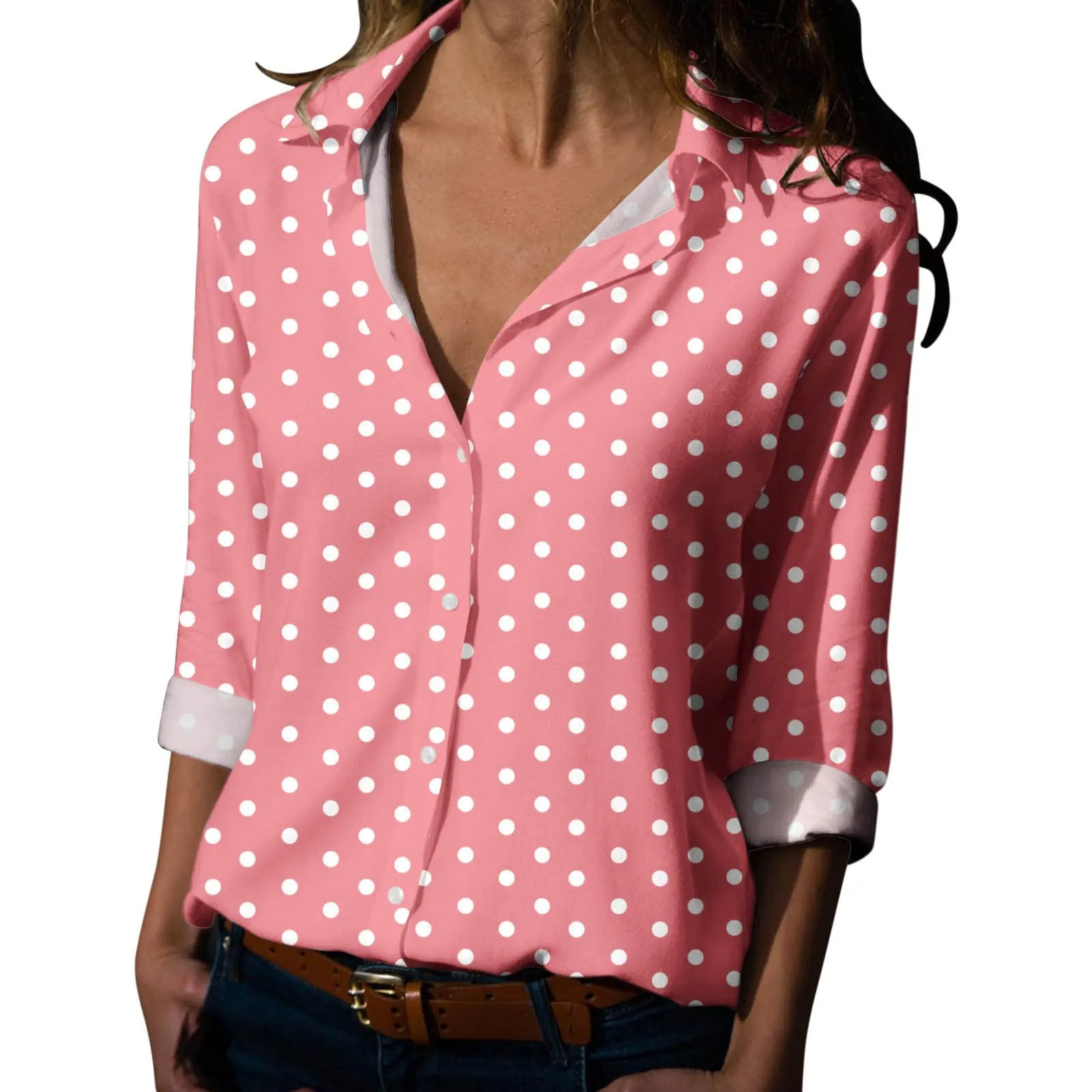 Generisch Maglia Donna a Pois Scollo a V Maniche 3/4 con Bottoni, Rosa, L - immagine 1