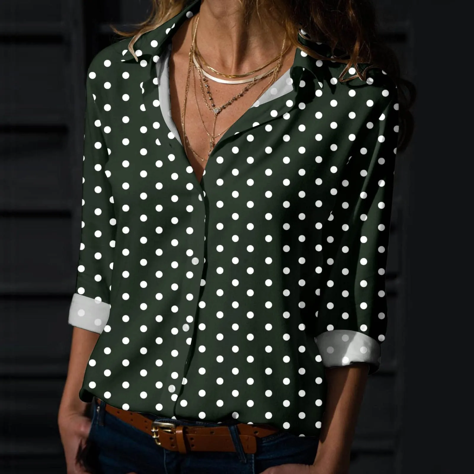Generisch Maglia Donna a Pois Scollo a V Maniche 3/4 Verde XXL - immagine 2