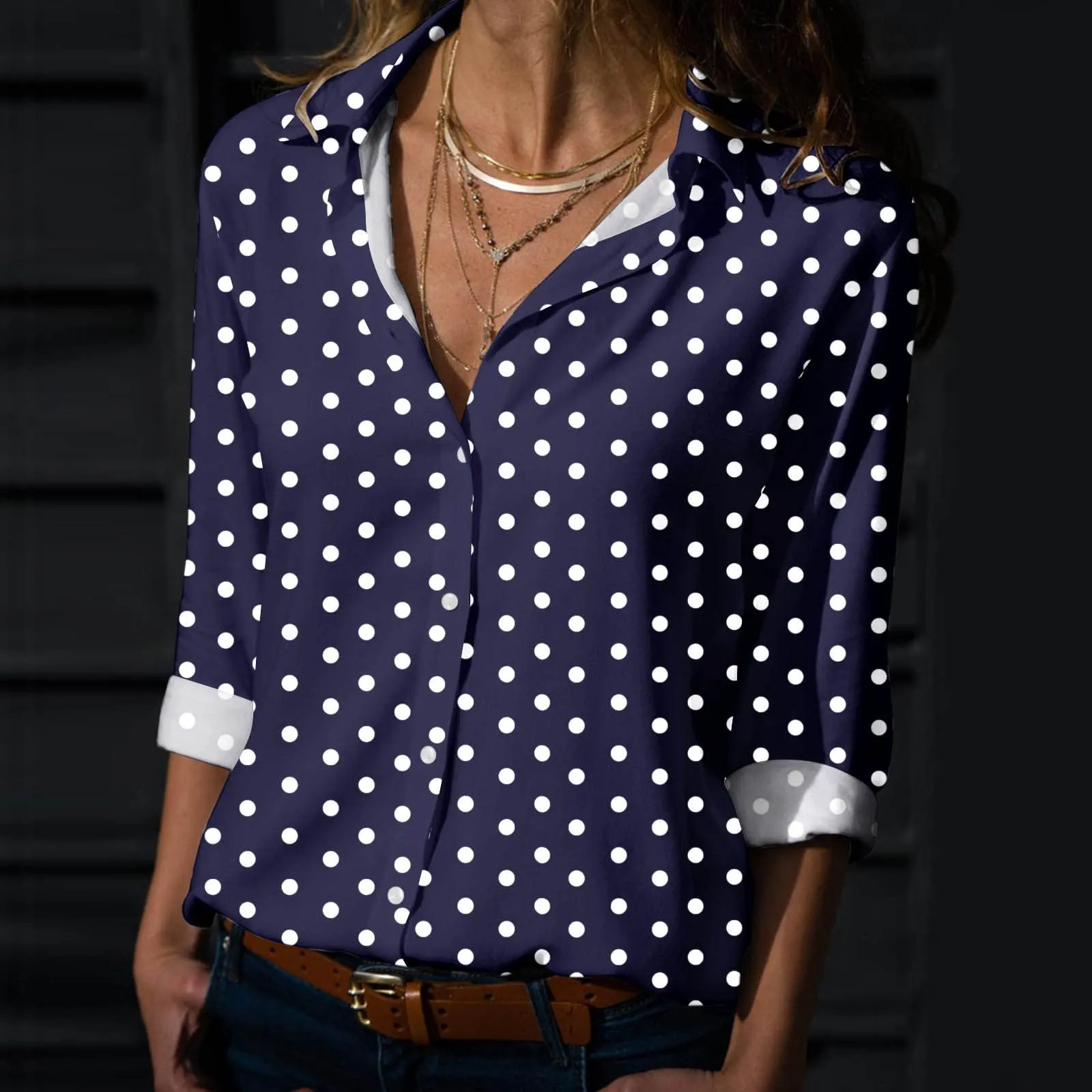Generisch Maglia Donna a Pois Scollo a V Maniche 3/4 Blu Mare, M - immagine 2