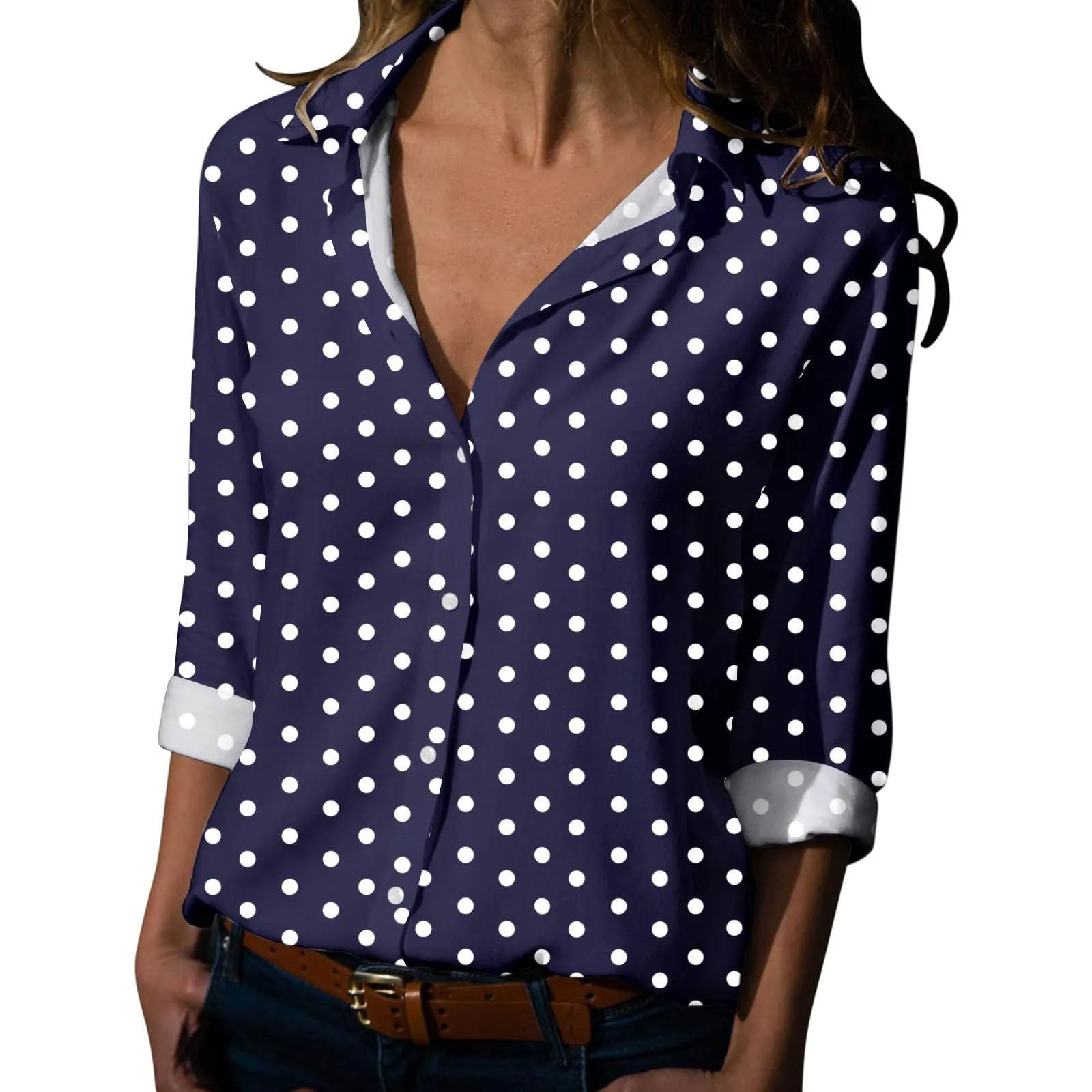 Generisch Maglia Donna a Pois Scollo a V Maniche 3/4 Blu Mare, L - immagine 1