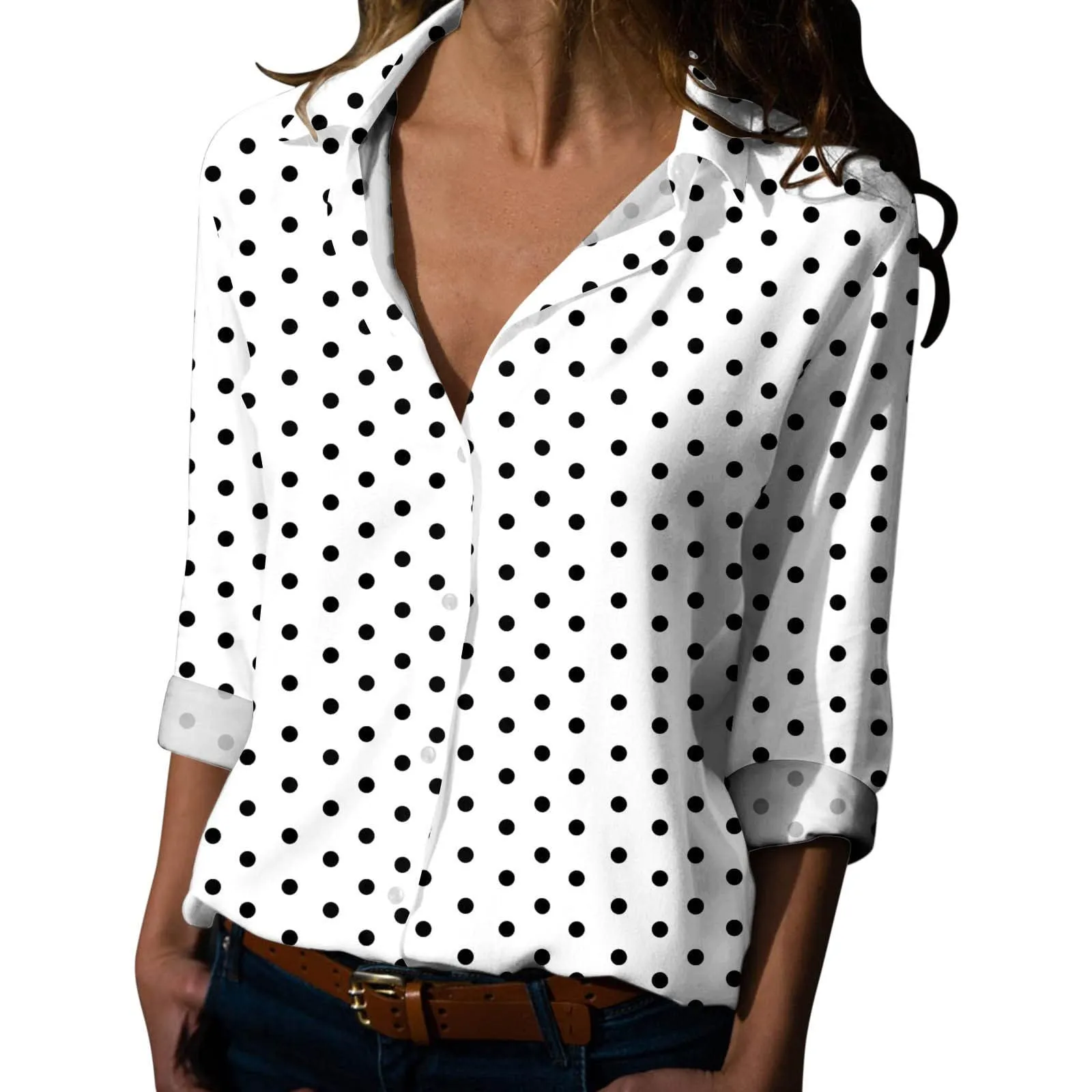 Generisch Maglia da Donna a Pois Scollo a V Maniche 3/4 Bianca, L - immagine 1