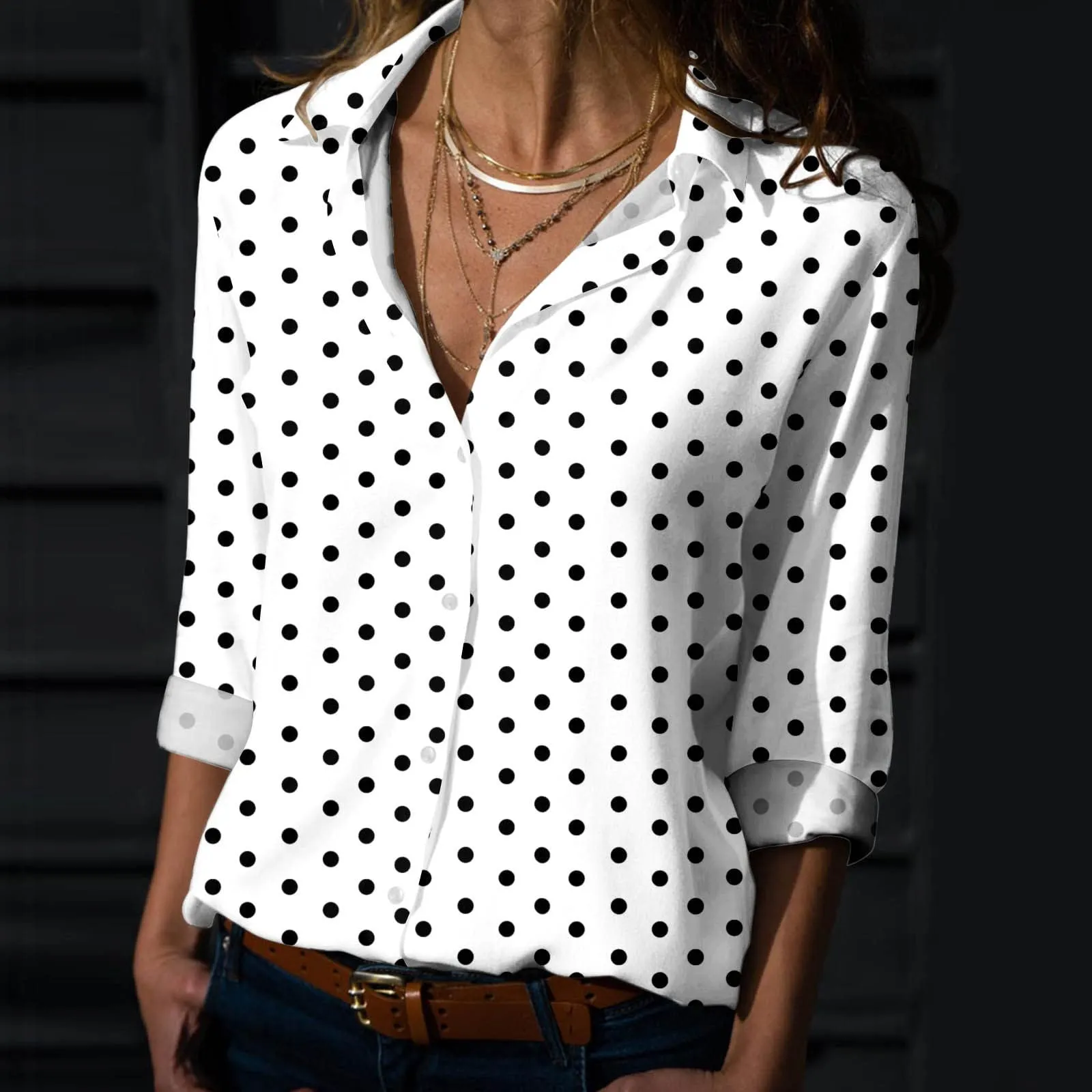 Generisch Maglia da Donna a Pois Scollo a V Maniche 3/4 Bianca, L - immagine 2