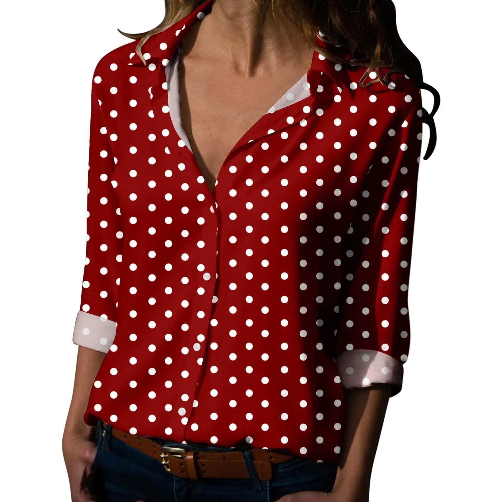 Generisch Maglia Donna a Pois Scollo a V Maniche 3/4 con Bottoni, Rosso, M - immagine 1