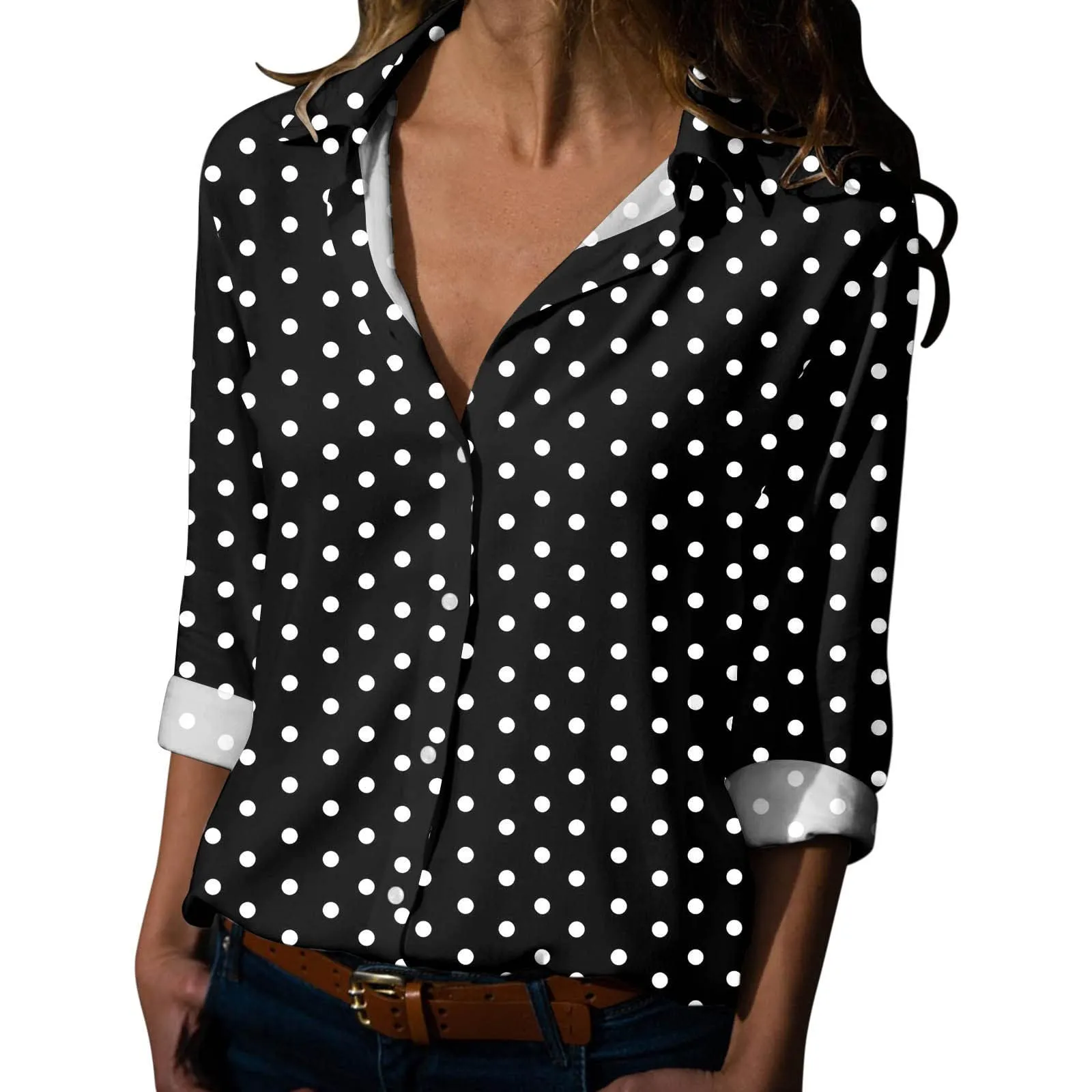 Generisch Maglia Donna a Pois Scollo a V Maniche 3/4 con Bottoni, Nero, L - immagine 1