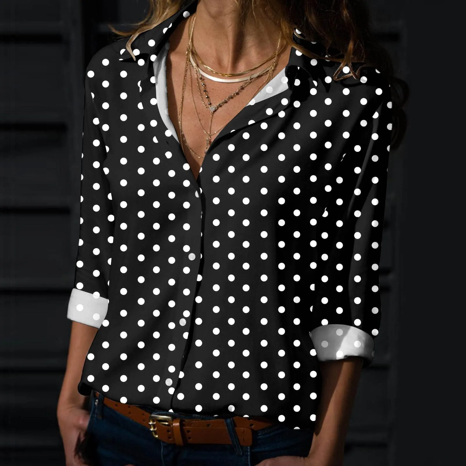 Generisch Maglia Donna a Pois Scollo a V Maniche 3/4 con Bottoni, Nero, L - immagine 2