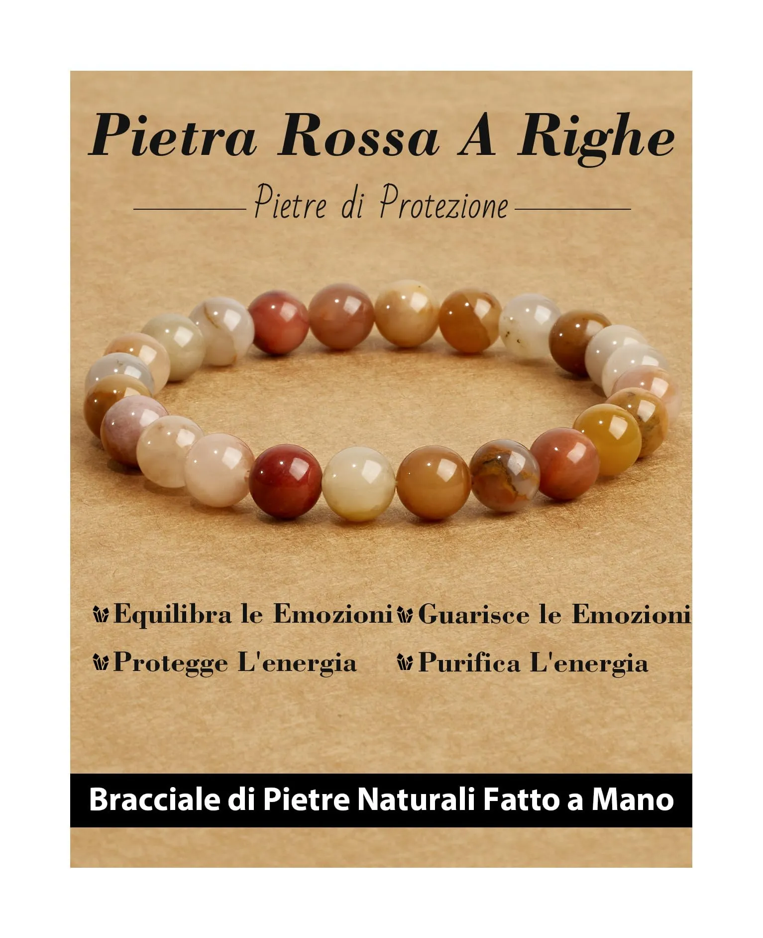 Landorilo Bracciale in Pietre Naturali per Donna e Uomo, Pietra Rossa a Righe - immagine 1