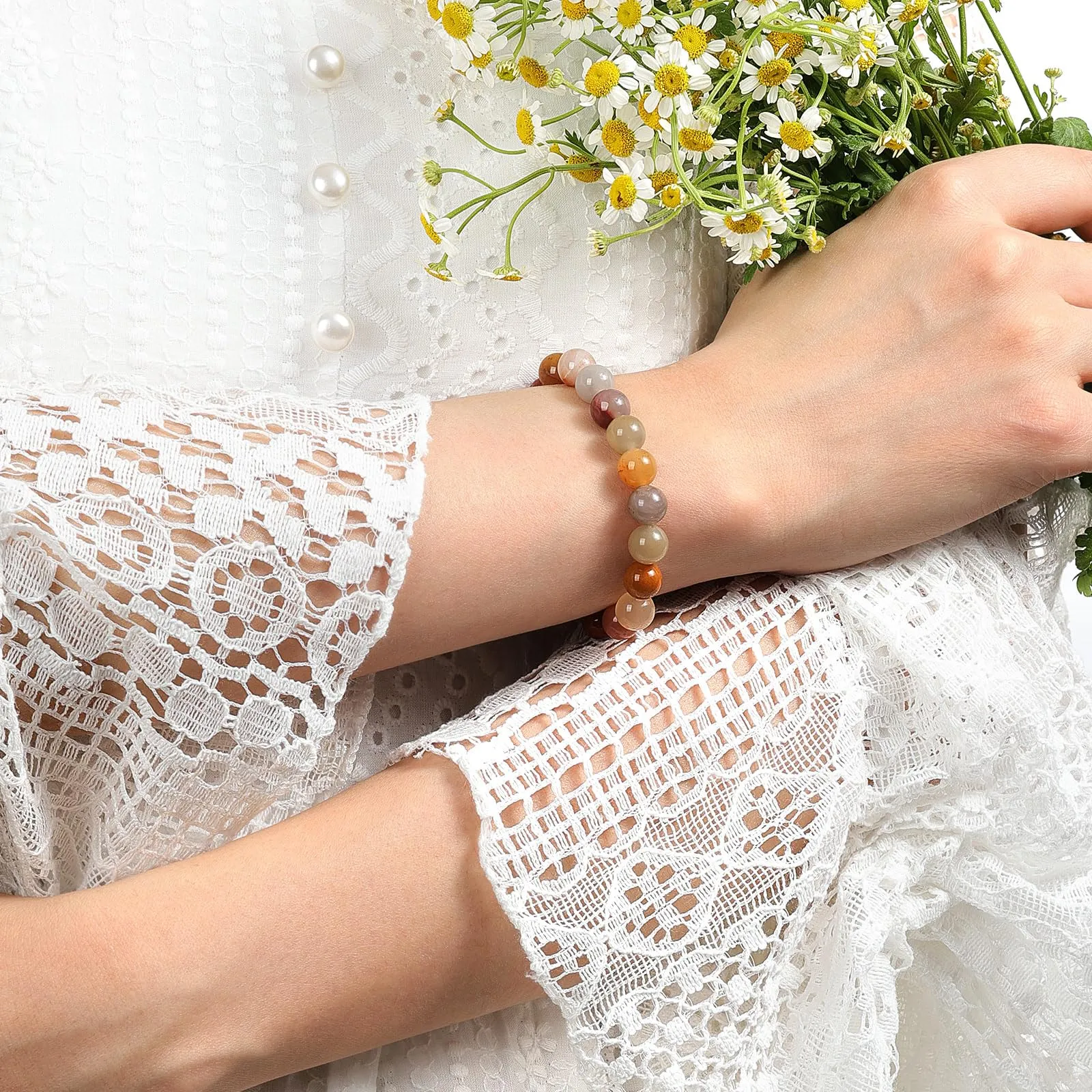 Landorilo Bracciale in Pietre Naturali per Donna e Uomo, Pietra Rossa a Righe - immagine 2