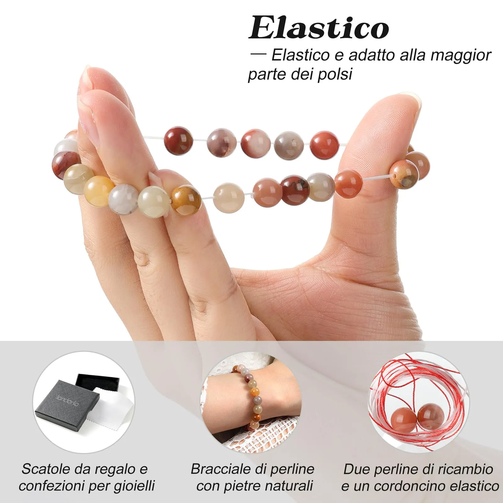 Landorilo Bracciale in Pietre Naturali per Donna e Uomo, Pietra Rossa a Righe - immagine 5