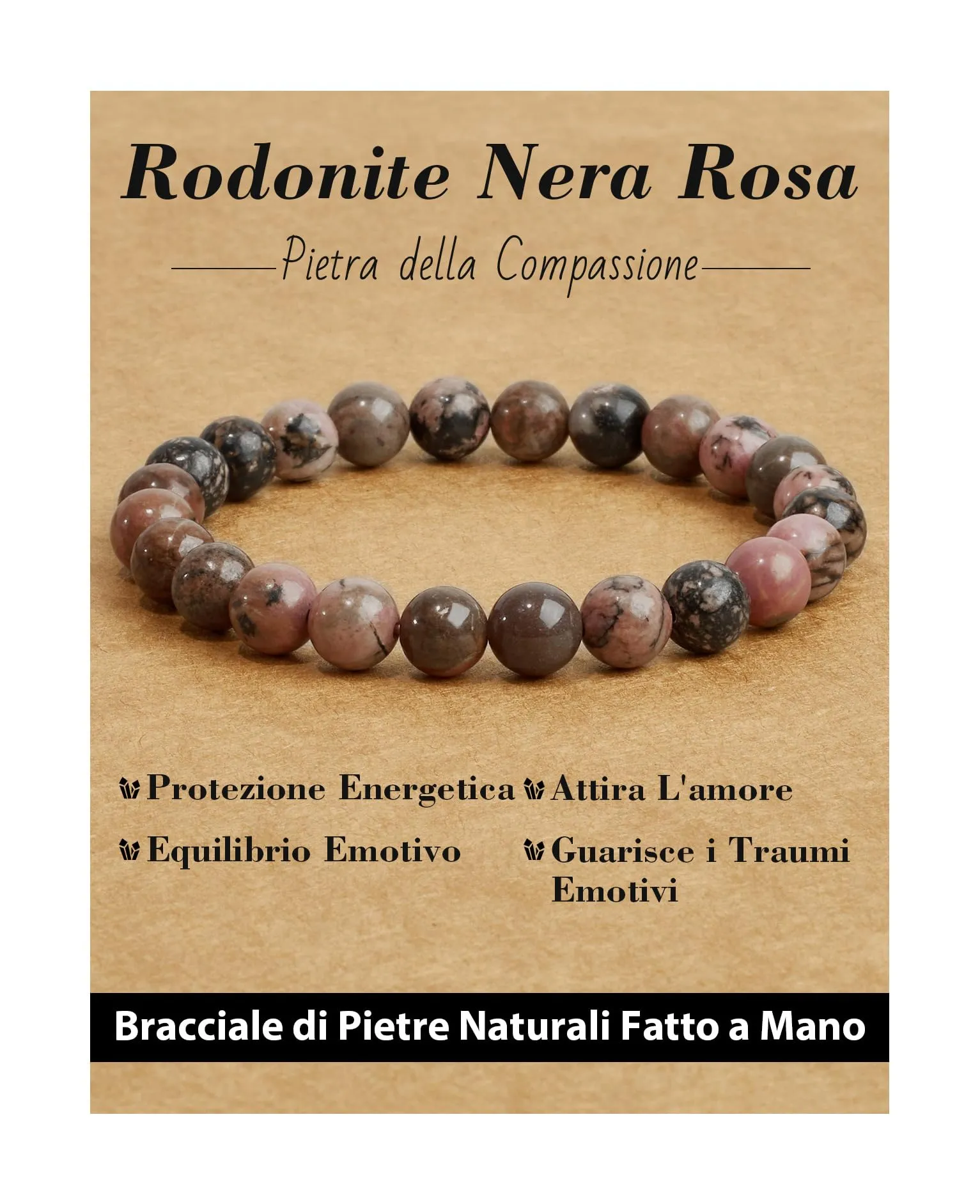 Landorilo Bracciale in Pietre Naturali Rodonite Nera Rosa, 19cm - immagine 1