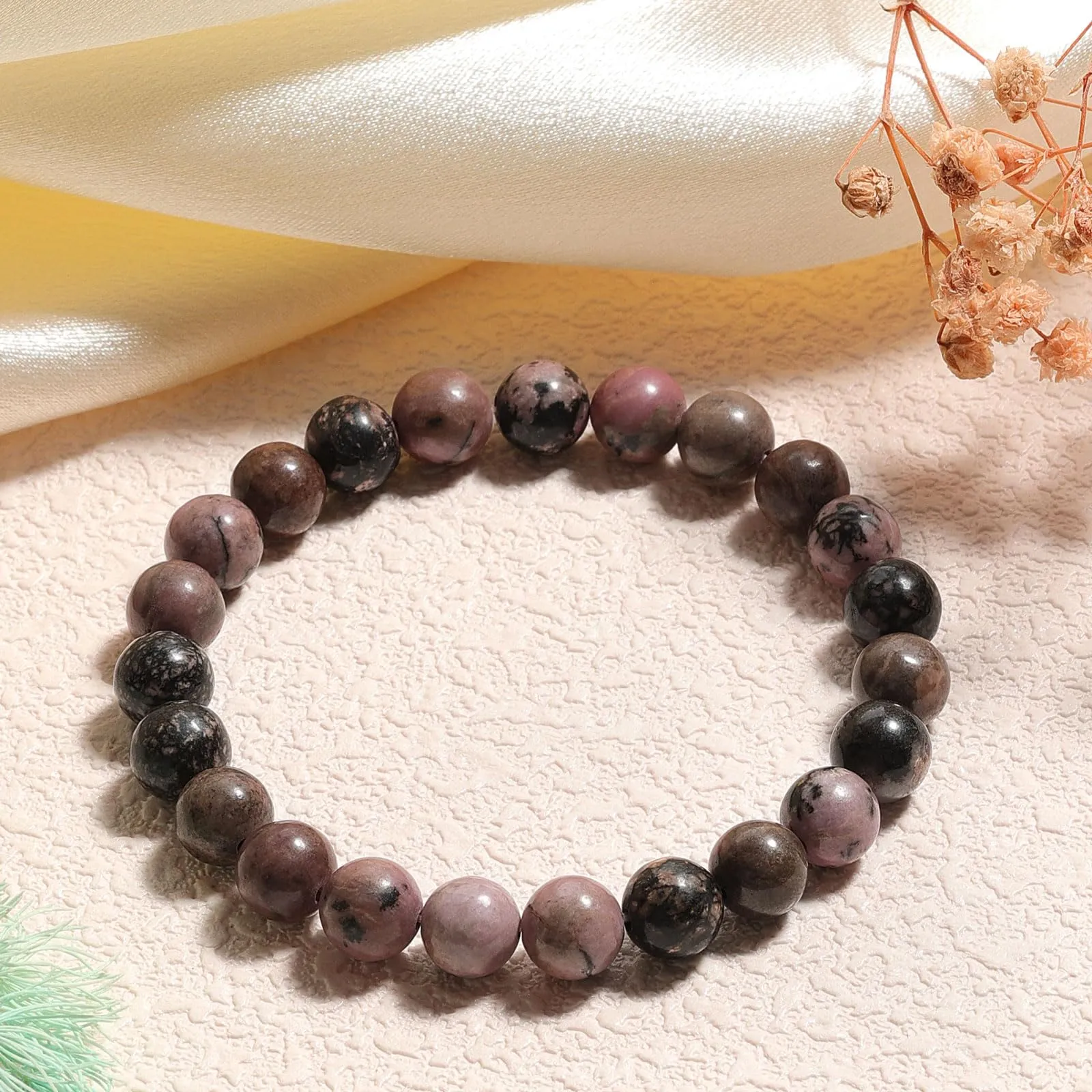 Landorilo Bracciale in Pietre Naturali Rodonite Nera Rosa, 19cm - immagine 3
