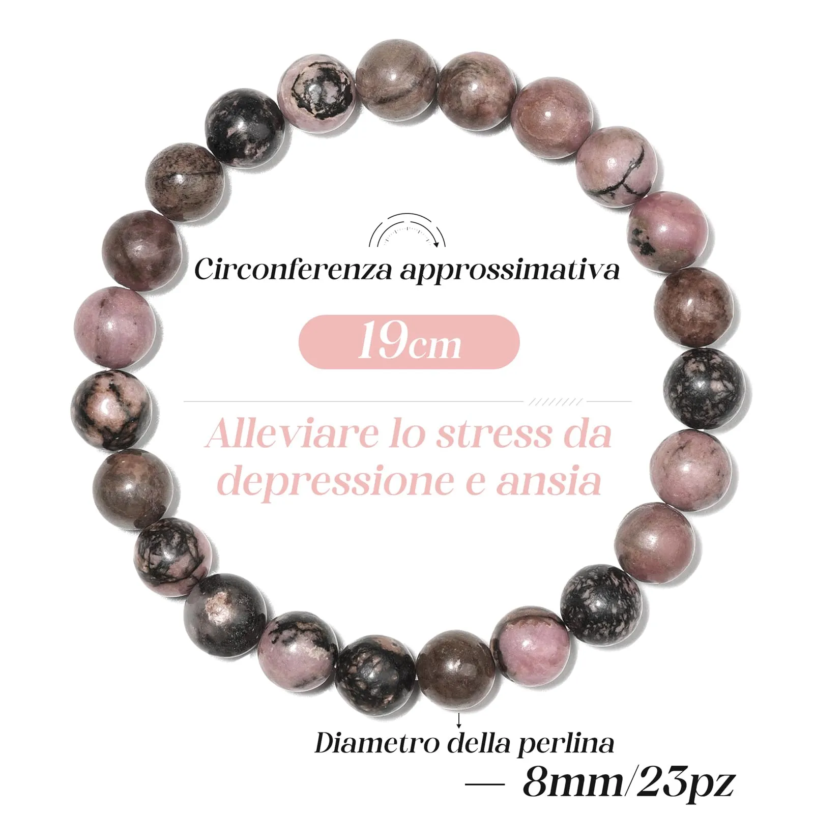 Landorilo Bracciale in Pietre Naturali Rodonite Nera Rosa, 19cm - immagine 4