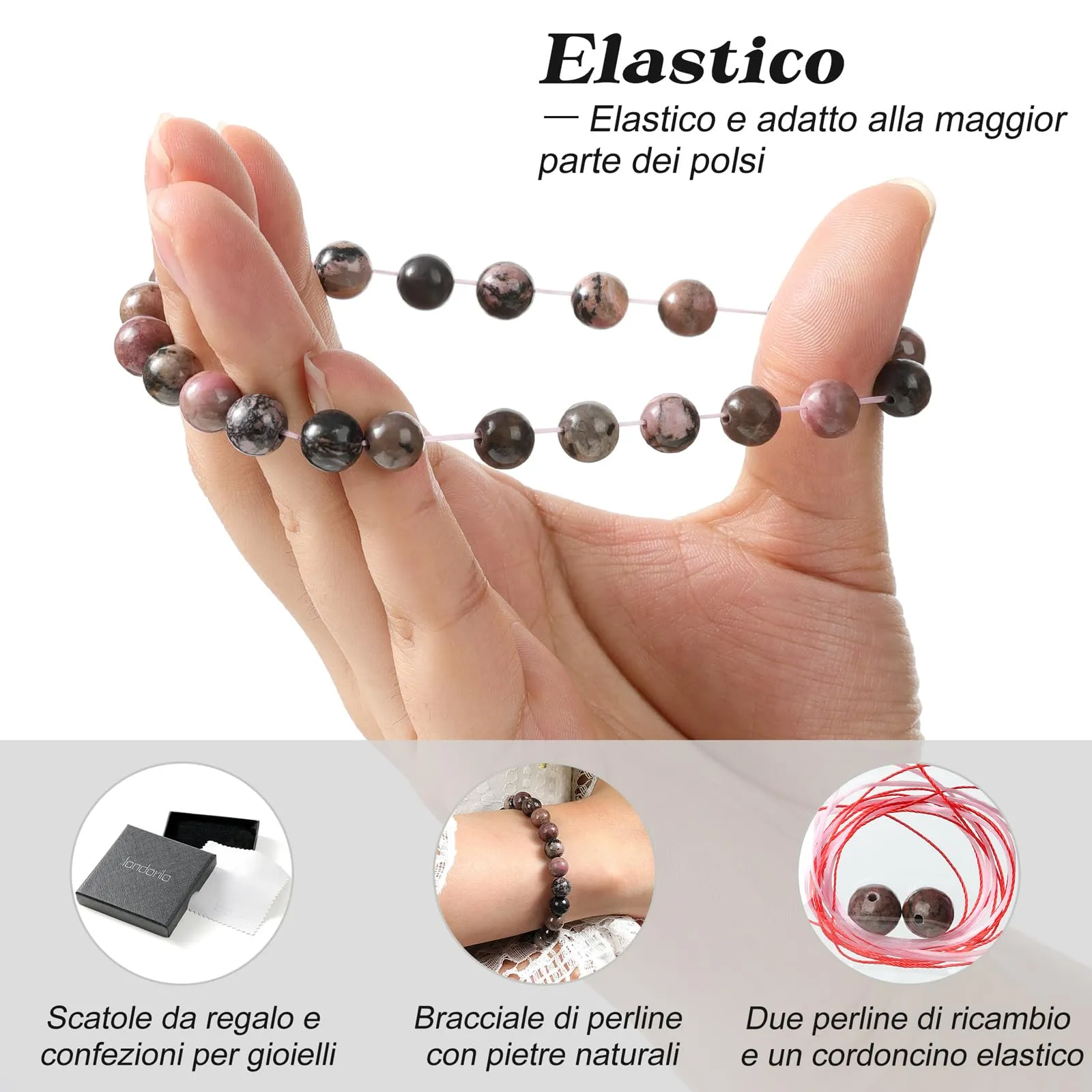 Landorilo Bracciale in Pietre Naturali Rodonite Nera Rosa, 19cm - immagine 5