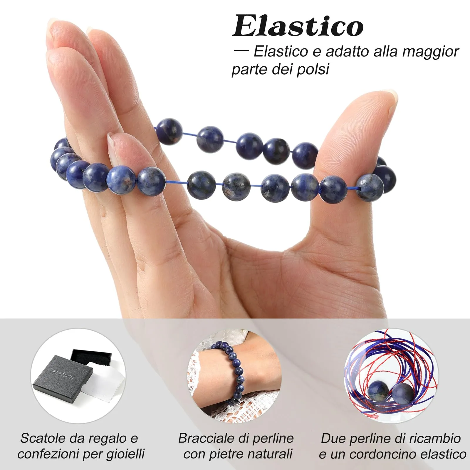 Landorilo Bracciale in Pietre Naturali per Donna e Uomo, Pietra Blu a Righe, 19 cm - immagine 5