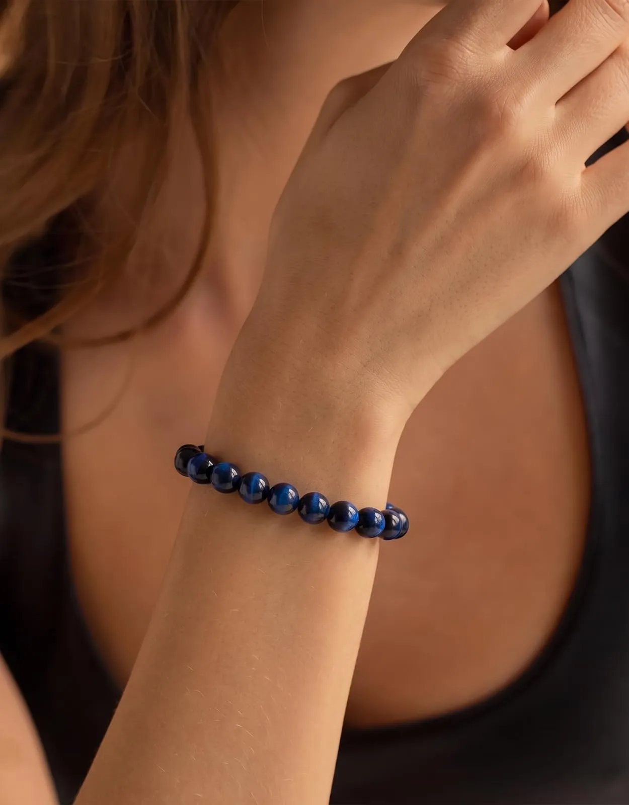 Landorilo Bracciale in Pietre Naturali Occhio di Tigre Blu per Donna e Uomo, 19 cm - immagine 2