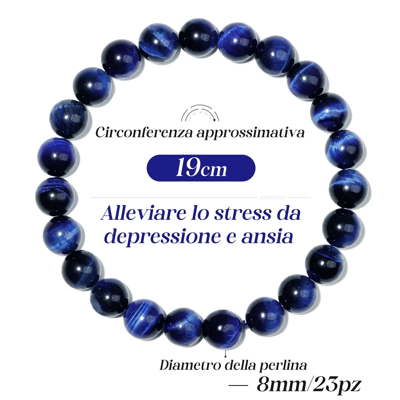 Landorilo Bracciale in Pietre Naturali Occhio di Tigre Blu per Donna e Uomo, 19 cm - immagine 4
