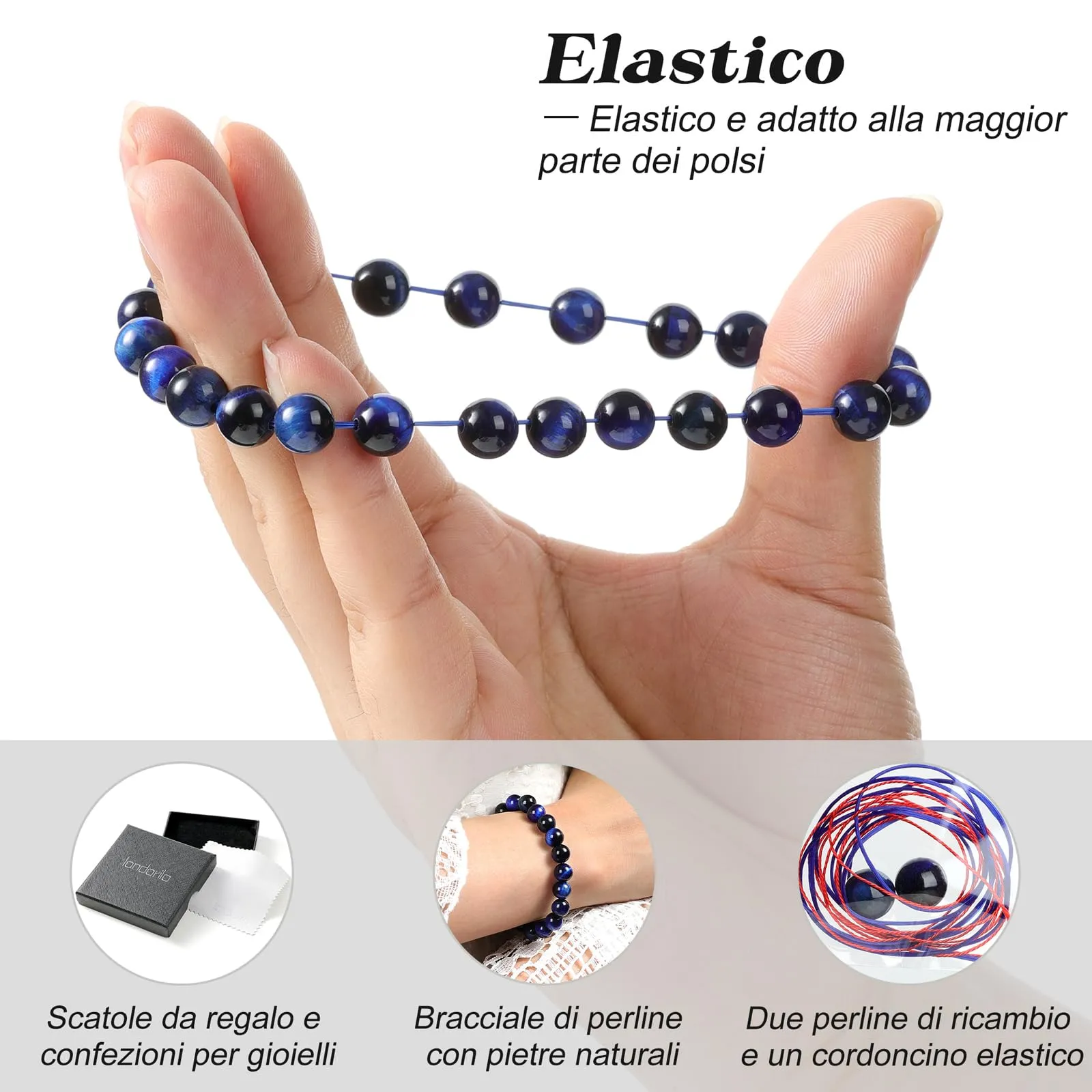 Landorilo Bracciale in Pietre Naturali Occhio di Tigre Blu per Donna e Uomo, 19 cm - immagine 5