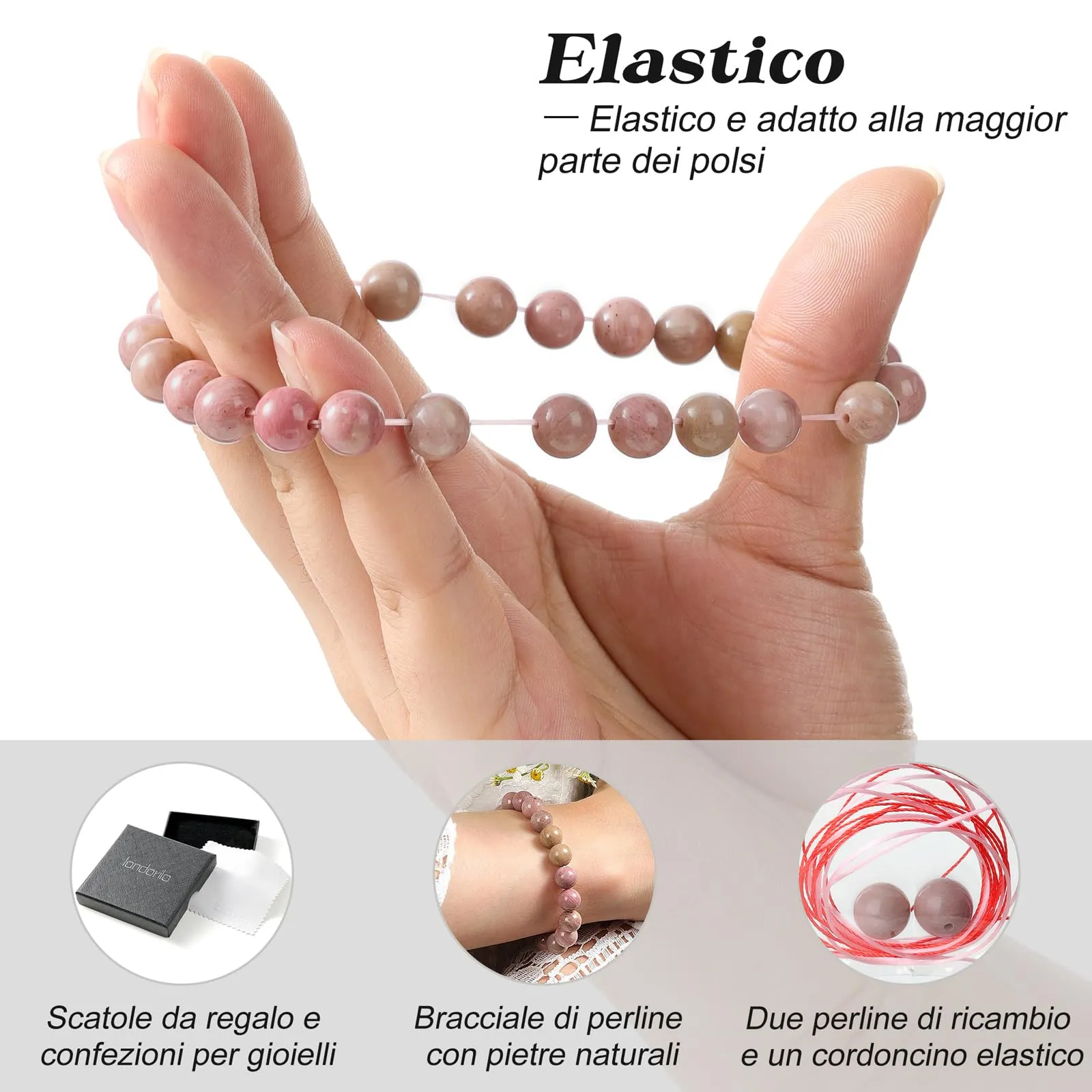 Landorilo Bracciale in Pietre Naturali per Donna e Uomo, Pietra Rossa a Righe, 19 cm - immagine 5