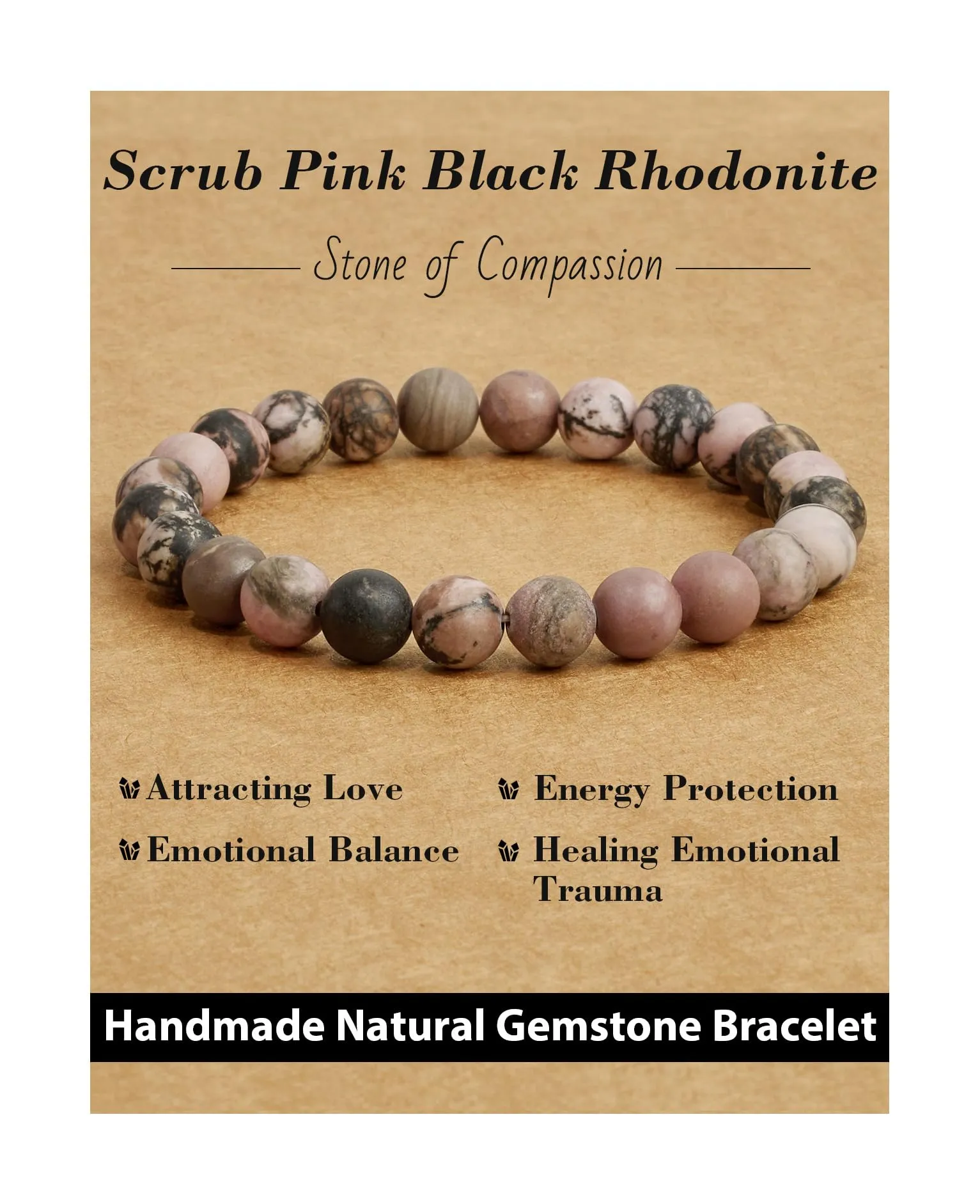 Landorilo Bracciale in Pietre Naturali Rodonite Nera Scrub, 19 cm - immagine 1