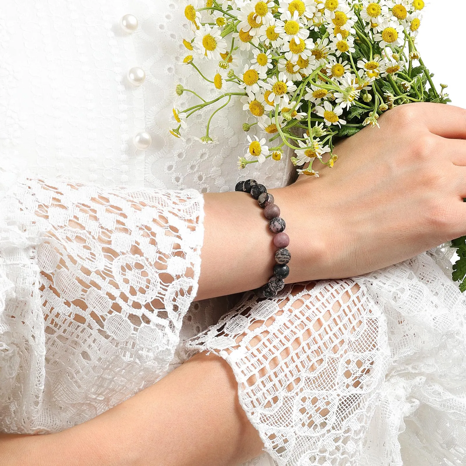 Landorilo Bracciale in Pietre Naturali Rodonite Nera Scrub, 19 cm - immagine 2